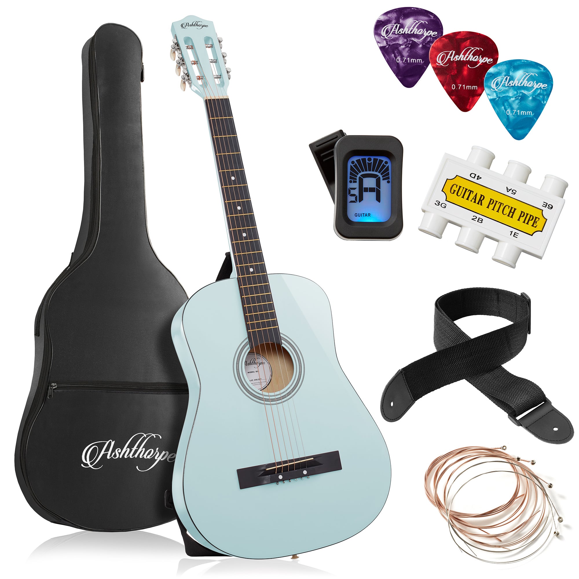 Ashthorpe - Beginner Acoustic Guitar Package - Starter Kit - Light Blue