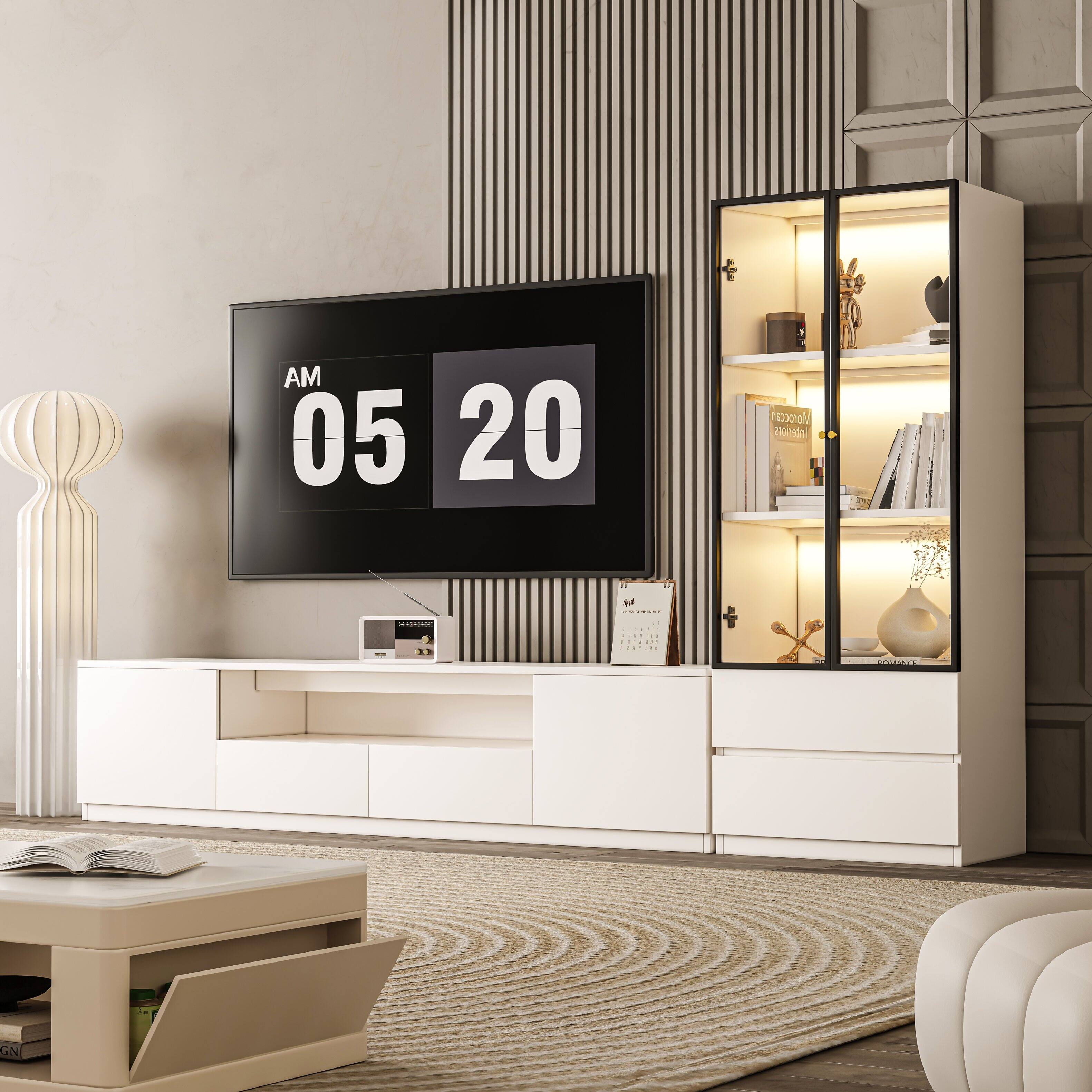 Left. MSOOB - White 2 Pieces Entertainment Center Modern Media Console Includes TV Stands And Lighted Glass Display Cabinet - White.