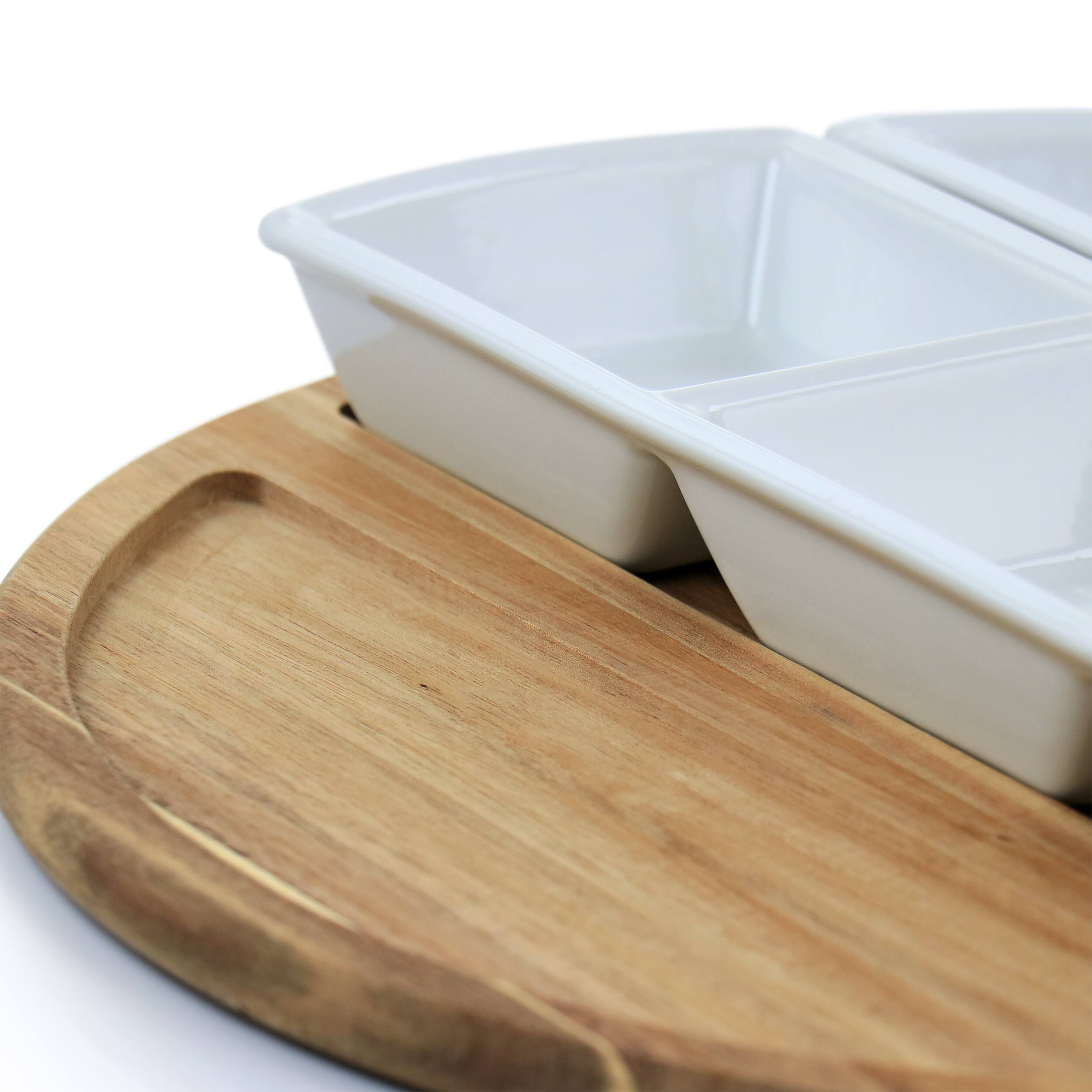 Alt View 5. Gibson - Gibson Elite Gracious Dining 4 Piece Fine Ceramic Sectional Tray Set with Acacia Wood Base - White.