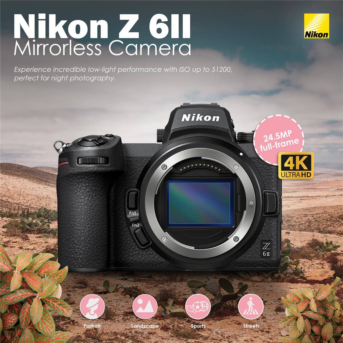 Nikon Z 6II Mirrorless Camera

Experience incredible low-light performance with ISO up to 51200, perfect for night photography.

Nikon

24.5MP full-frame

4K ULTRAHD

Fn1

Fn2

Portrait

Landscape

Sports

Streets