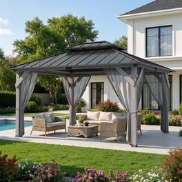 Ovios - Heavy Duty Wood Patio Gazebo with Double Roof for Outdoor Backyard & Garden - 12'x14'