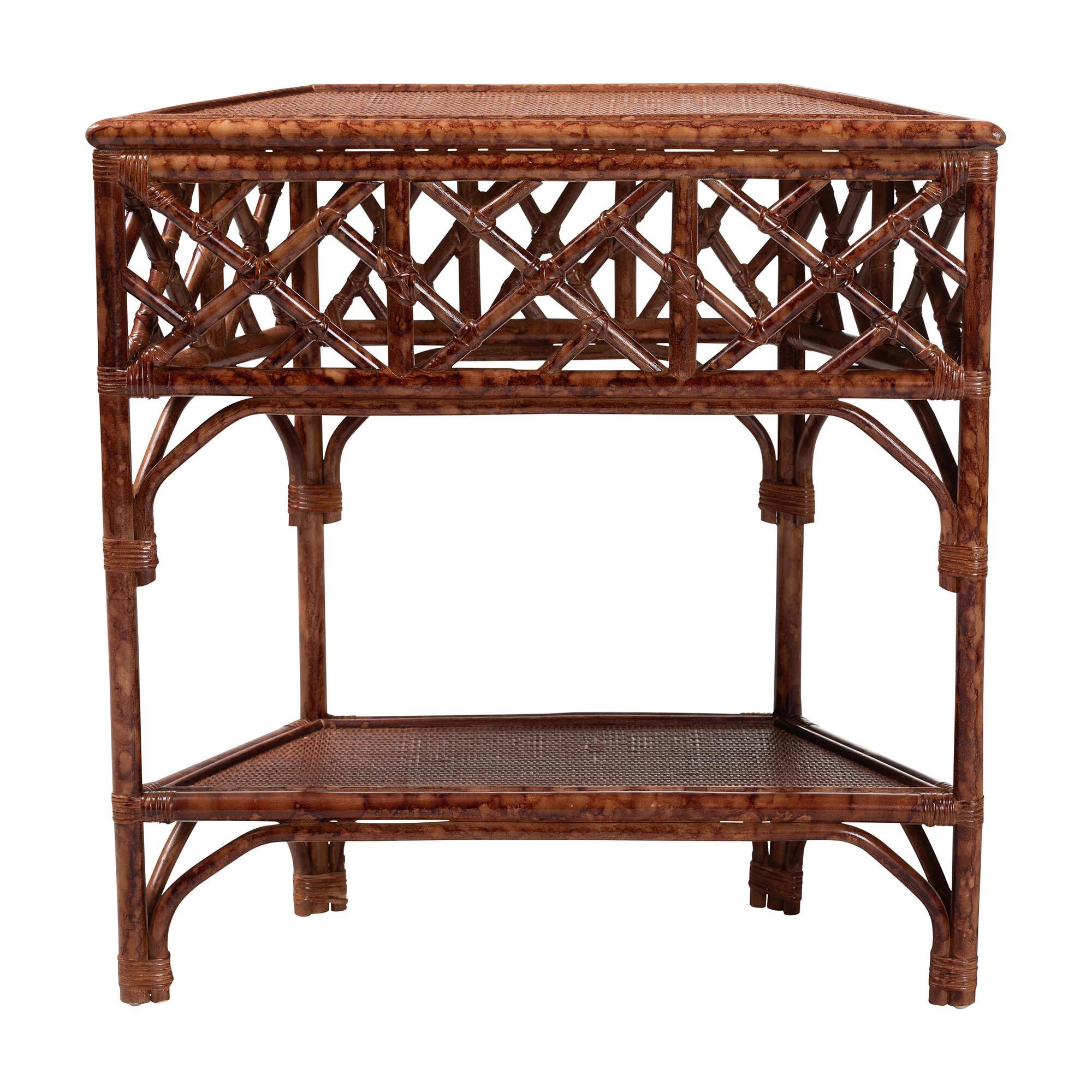Back. bali & pari - Gaspar Marbled Tortoise Natural Rattan Console Table - Handcrafted Accent Table with Chippendale Design - Marbled Tortoise Brown.