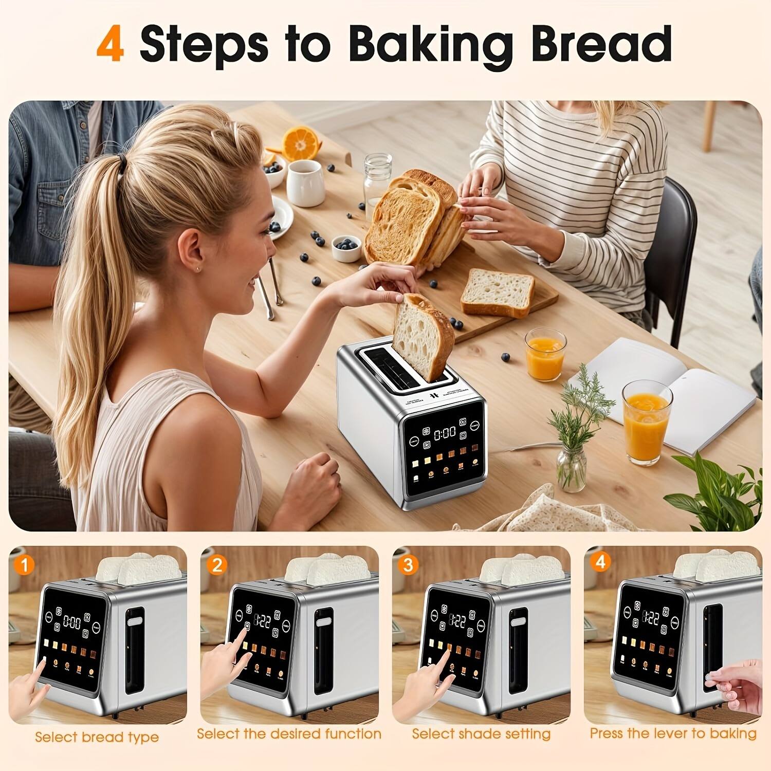 4 Steps to Baking Bread

1. Select bread type
2. Select the desired function
3. Select shade setting
4. Press the lever to baking