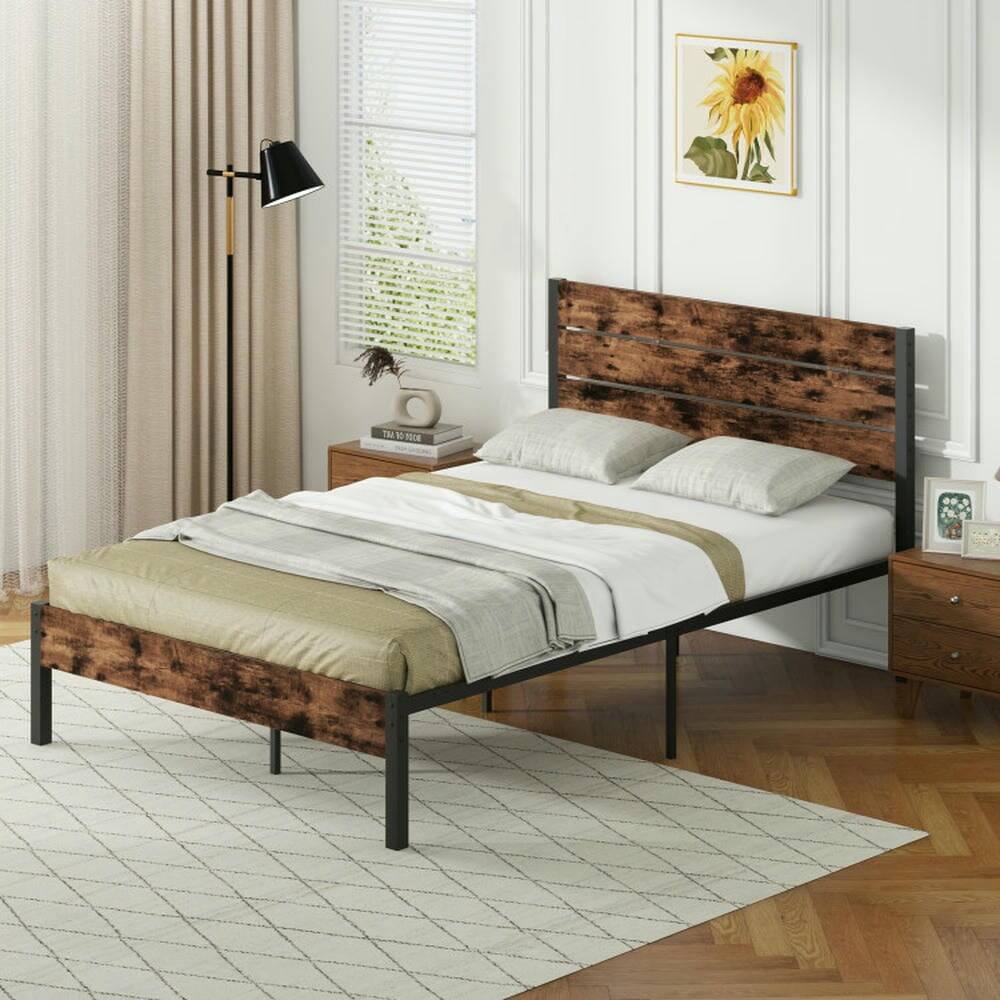 Alt View 5. Kadyn - Platform Bed Frame, Bedroom Bed Frame,Full/King/Queen/Twin Size Bed Frame with High Headboard and Mute Bar-Full Size - Brown.