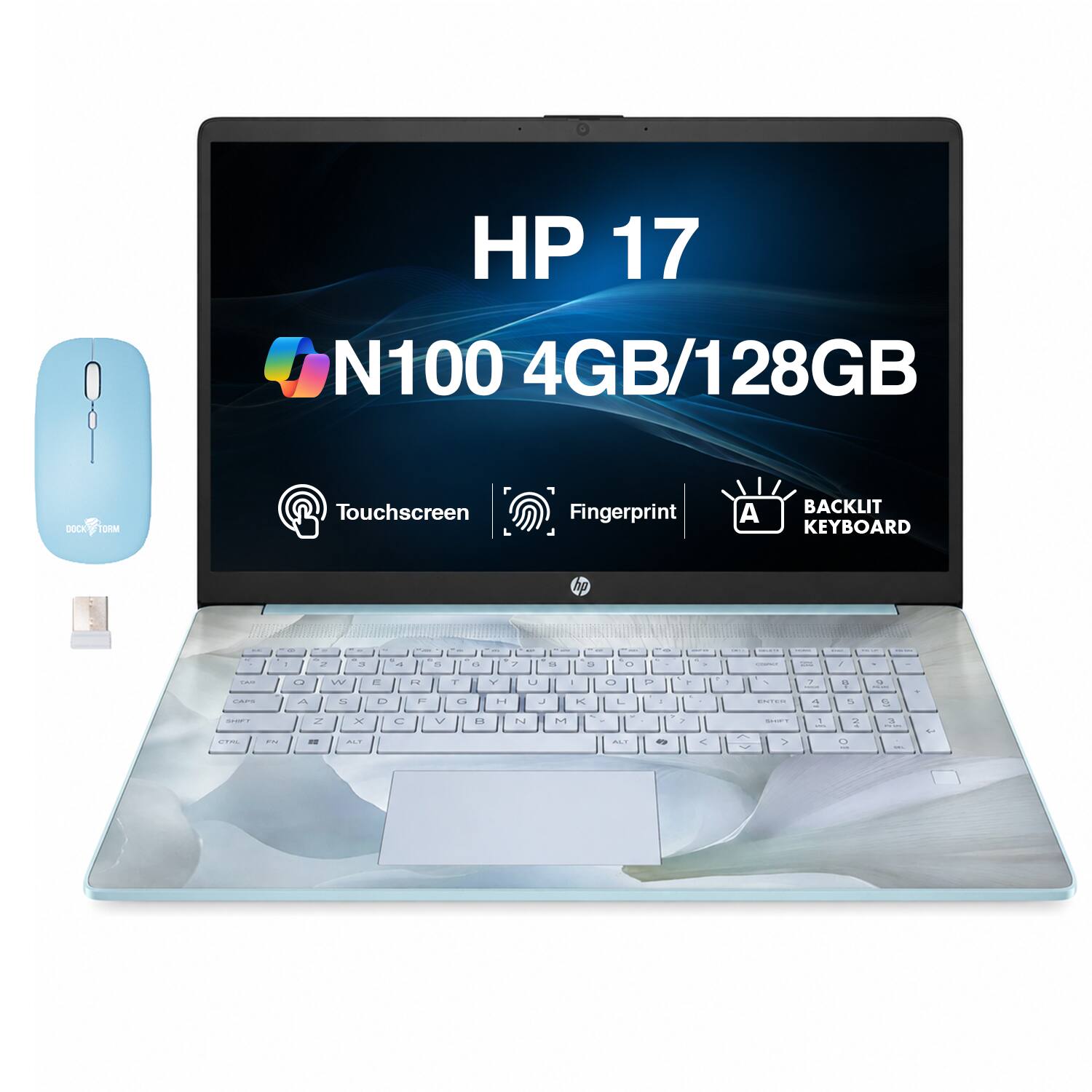 HP - Refurbished Excellent - Upgraded - 17 Laptop 17.3 HD+ Display (N100, 4GB, 128GB SSD, Intel UHD, Win 11 Home S-Mode) w/Dockztorm Wireless Mouse - Cloud Blue