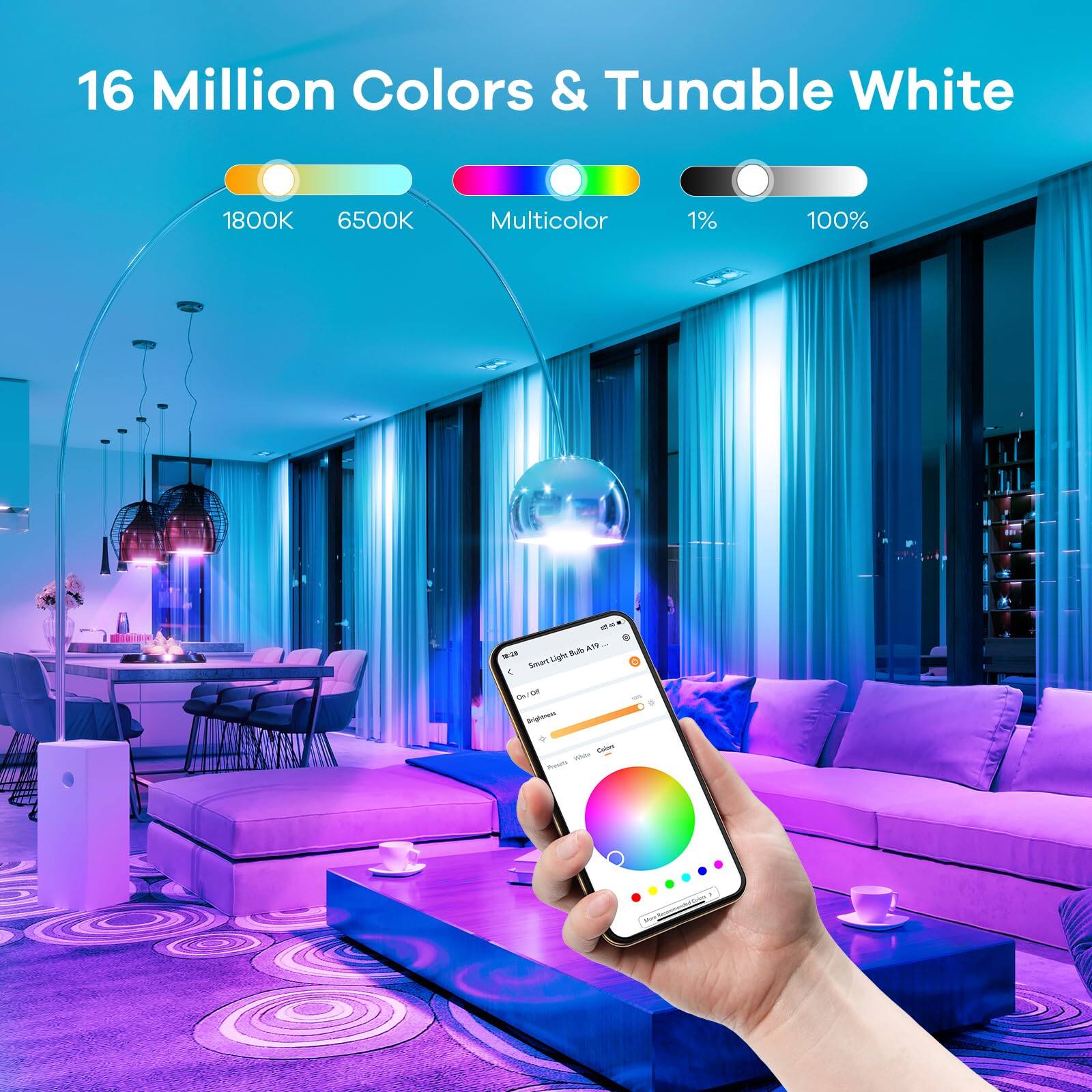 16 Million Colors & Tunable White  
1800K 6500K Multicolor 1% 100%