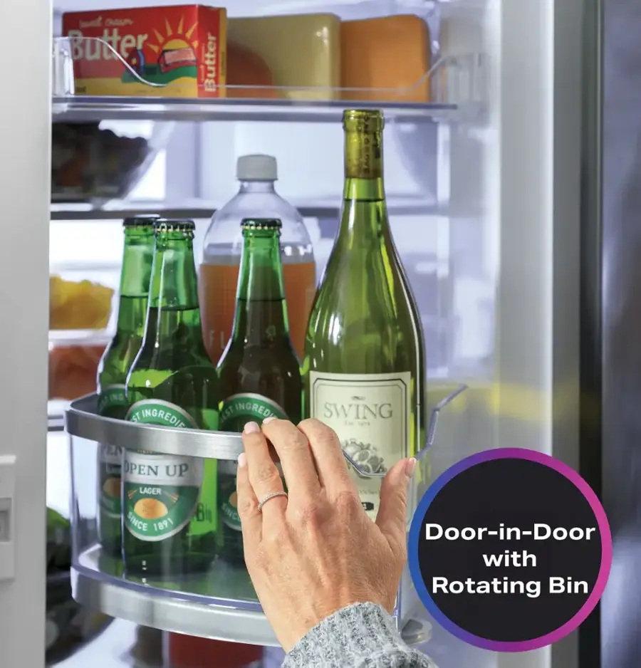 The text on the image is:

"sed am Butter 1 Butter AESROVE F ING 1S INGREDI ST INGREDIE REST PEN OPEN UP LAGER INCE SINCE Bi SINC 1891 - SWING Eat 1"8 INN Door-in-Door with Rotating Bin"

The corrected text is:

"sed am Butter 1 Butter AESROVE F ING 1S INGREDI ST INGREDIE REST PEN OPEN UP LAGER INCE SINCE Bi SINC 1891 - SWING Eat 1"8 INN Door-in-Door with Rotating Bin"

The text is a description of a refrigerator with a door-in-door and a rotating bin.