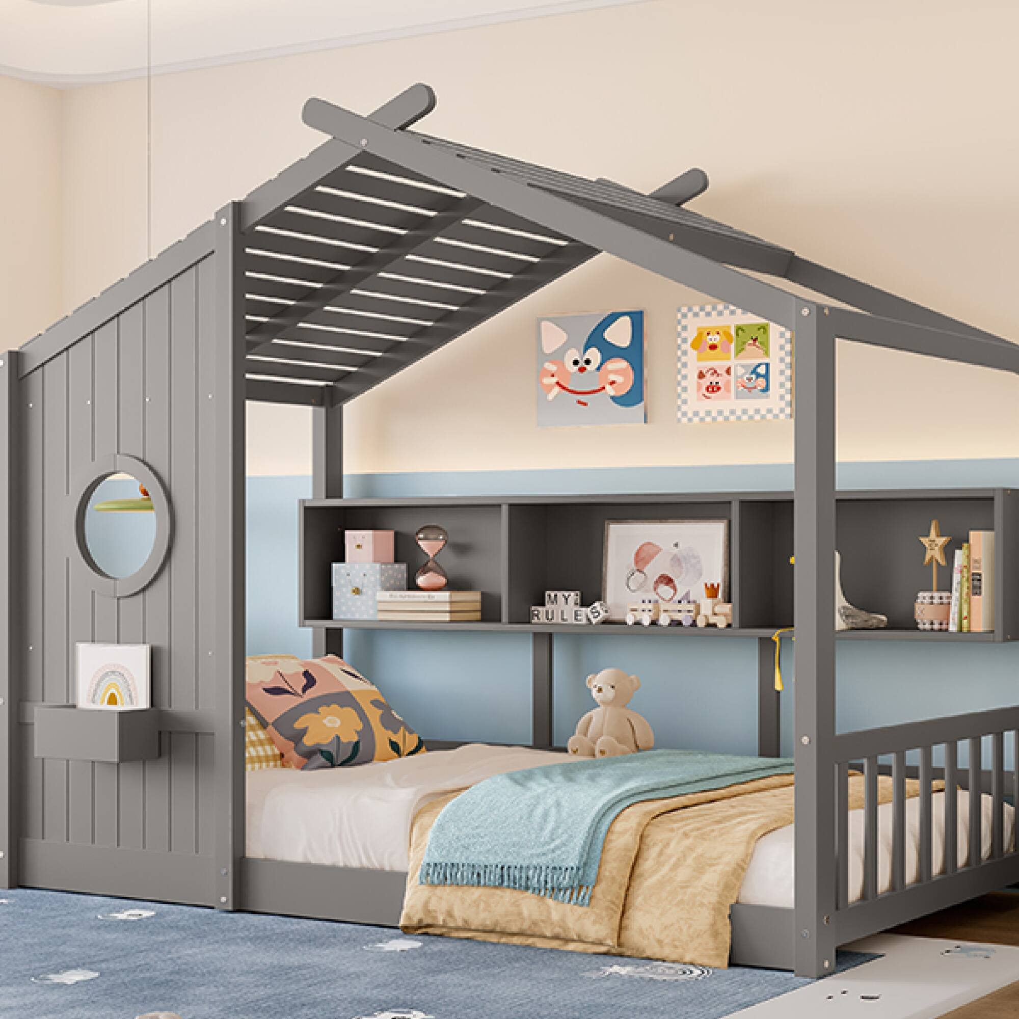 Alt View 9. GOODSILO - Twin Size Floor House Bed for Toddlers and Kids with Storage Shelf and Playhouse Roof Design - Gray.