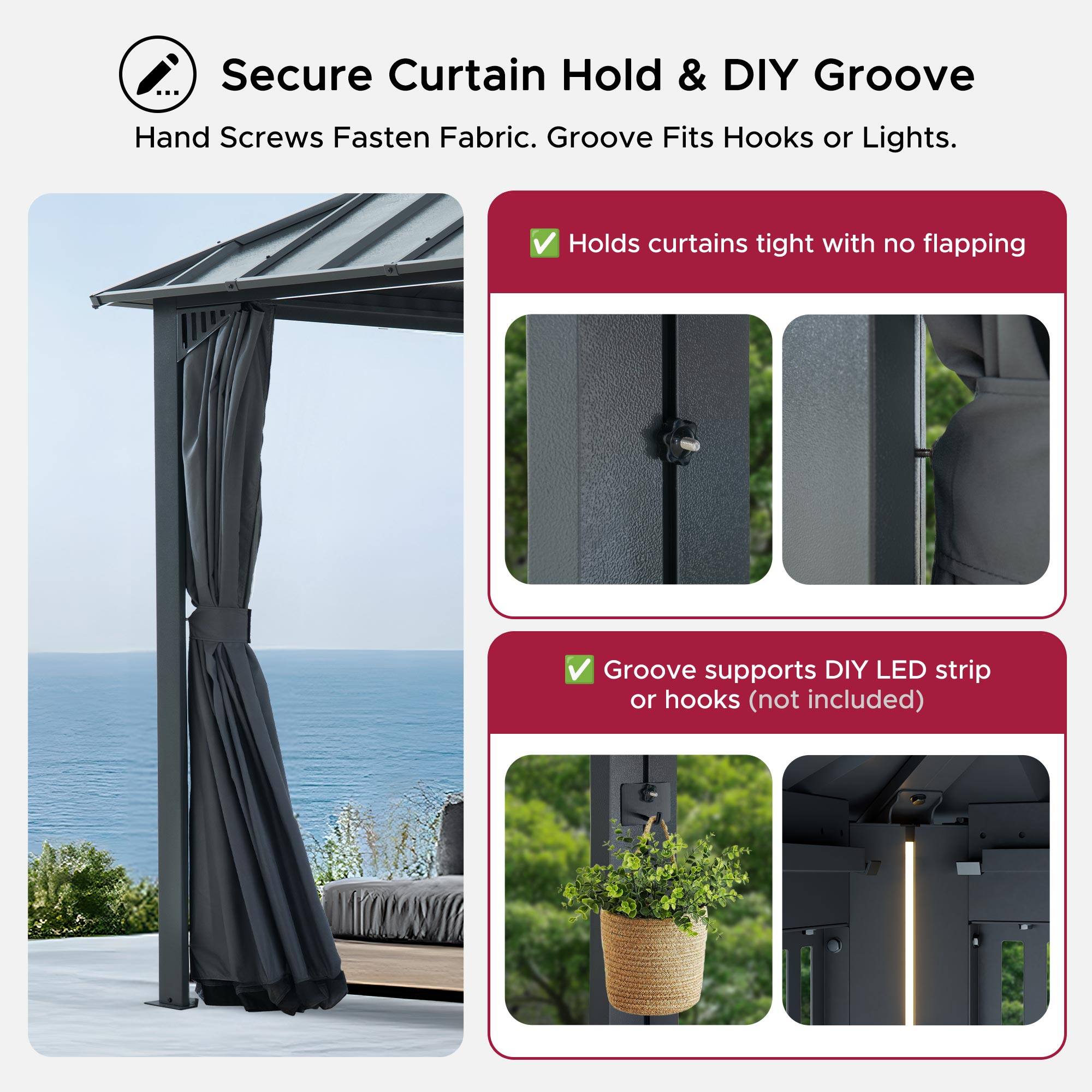 Secure Curtain Hold & DIY Groove  
Hand Screws Fasten Fabric. Groove Fits Hooks or Lights.  
- Holds curtains tight with no flapping  
- Groove supports DIY LED strip or hooks (not included)