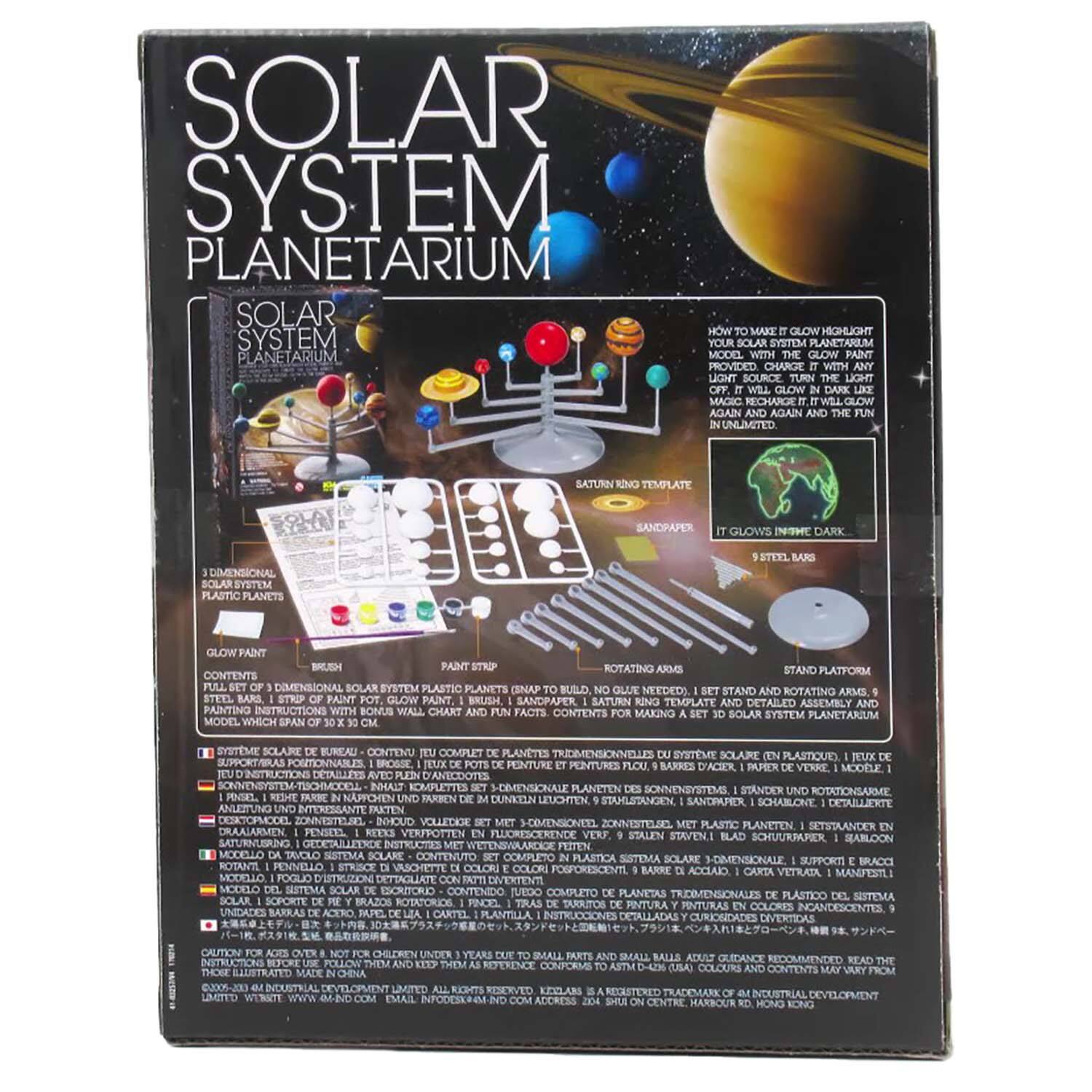 Solar System Planetarium Model provided with charge source, glow in the dark unlimited Saturn template, sandpaper, glow in the dark plastic planets, rotating platform, detailed assembly instructions, bonus chart of facts, and contents.