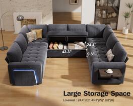 Dyonery - 8 Seat U Shaped Modular Sectional Sleeper Sofa Bed with Pull Out Bed/Reclining Backrest/USB Ports/Storage Seat - Gray