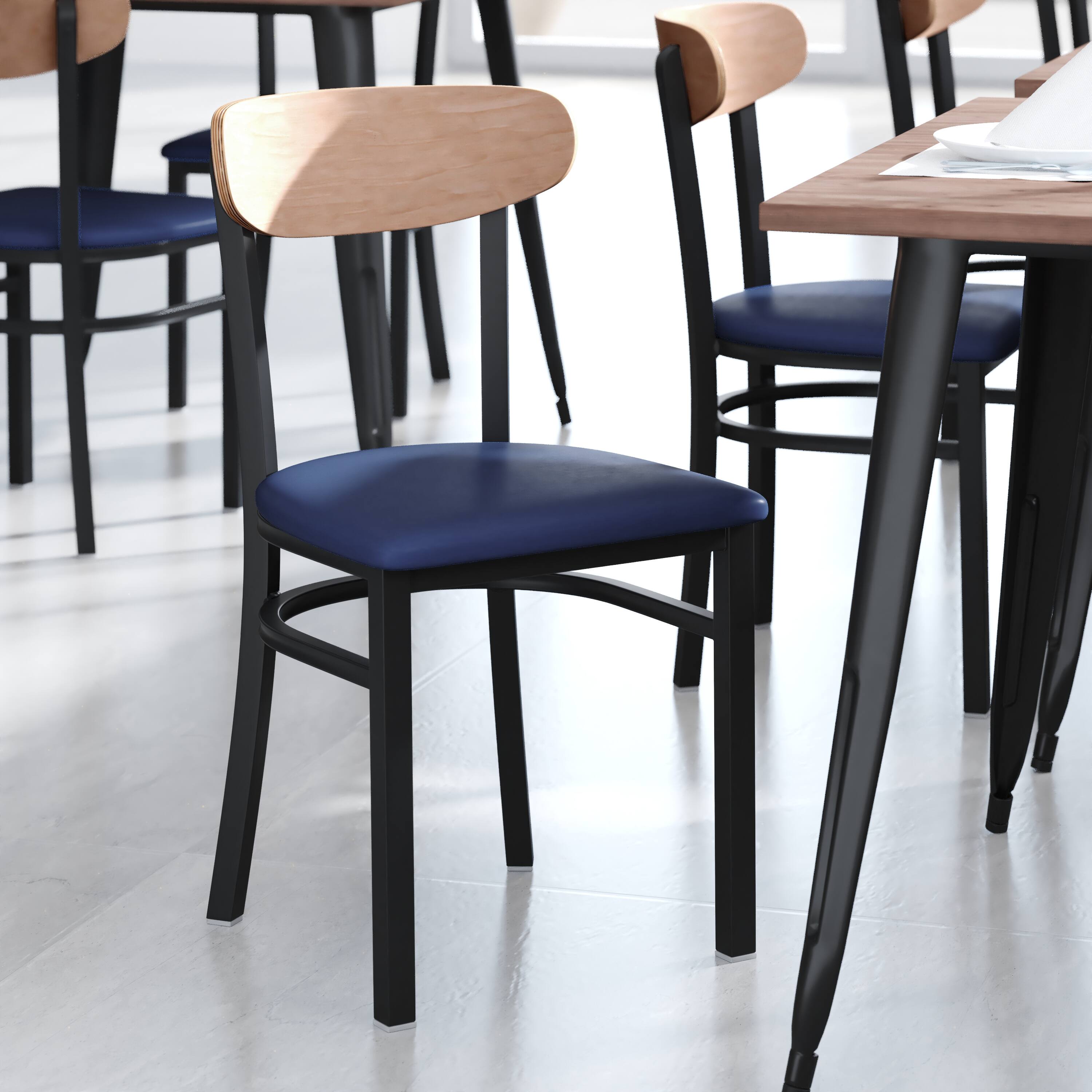 Alt View 1. Emma + Oliver - Yara Industrial Dining Chair with Rolled Steel Frame and Solid Wood Seat - 500 lbs. Static Weight Capacity - Natural Birch Wood Back/Blue Vinyl Seat.