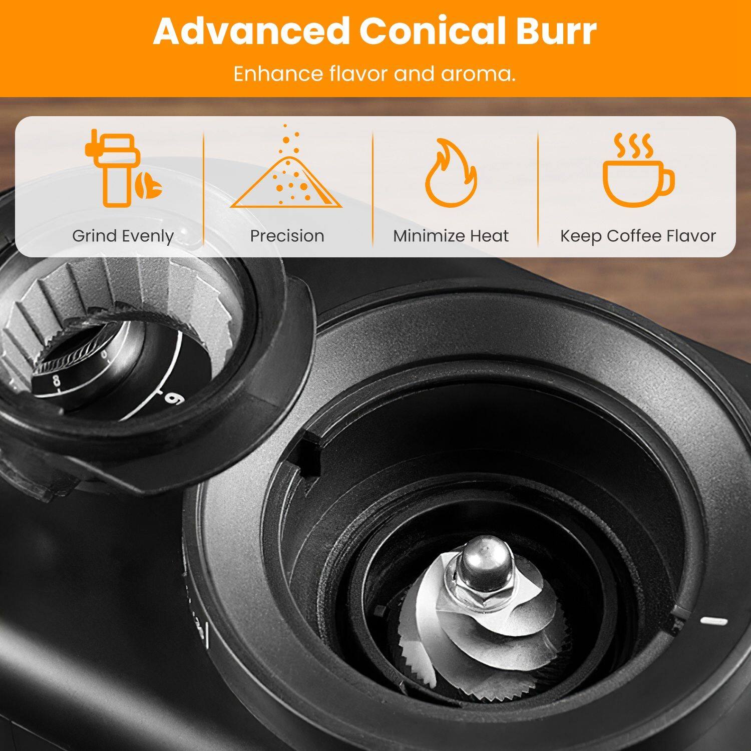 Advanced Conical Burr  
Enhance flavor and aroma.  

- Grind Evenly  
- Precision  
- Minimize Heat  
- Keep Coffee Flavor