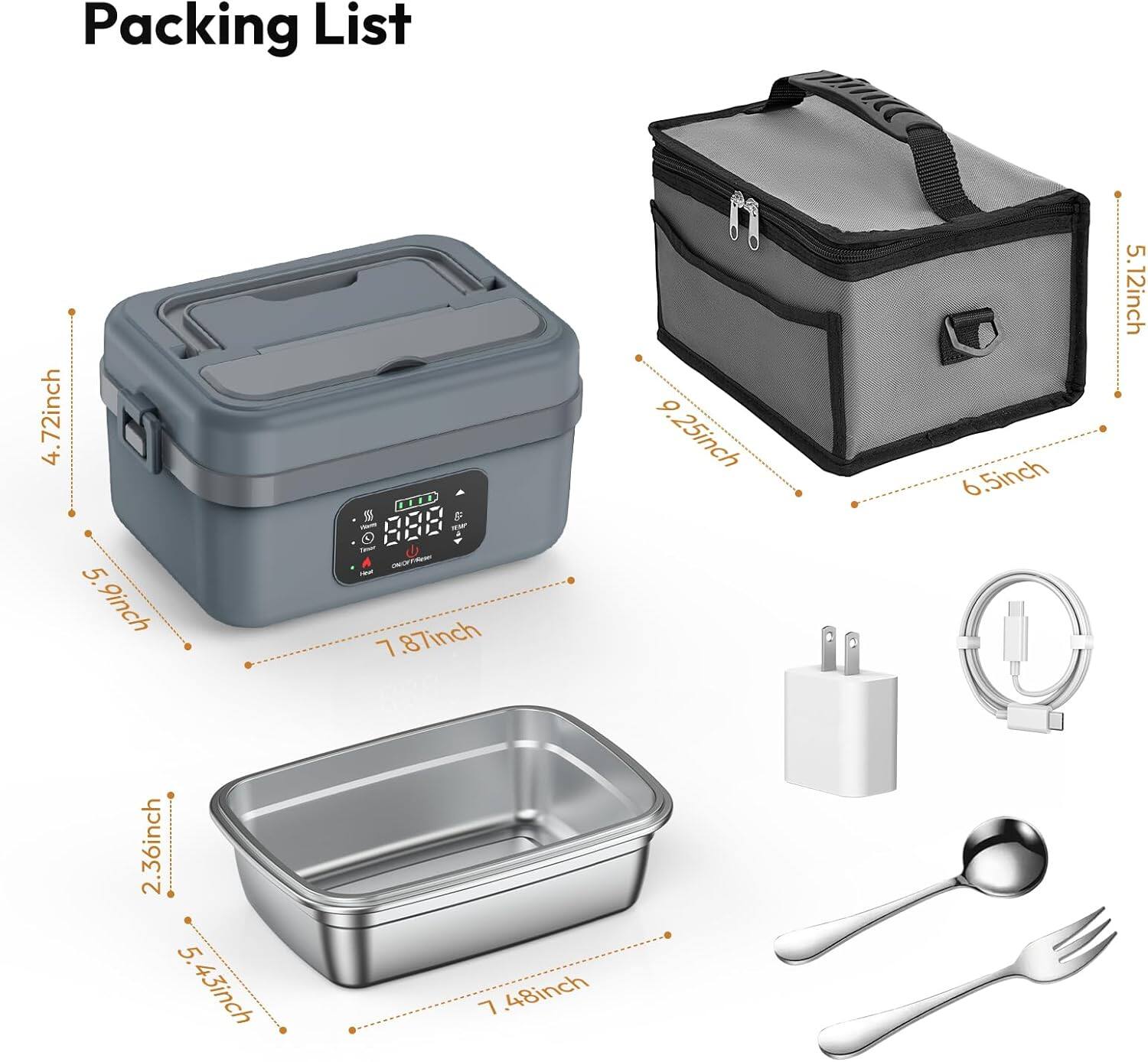 Packing List

- 4.72 inch
- 5.9 inch
- 5.12 inch
- 2.36 inch
- 5.43 inch
- 7.48 inch
- 5.12 inch
- 9.25 inch
- 6.5 inch
- 7.87 inch
- 5 inch