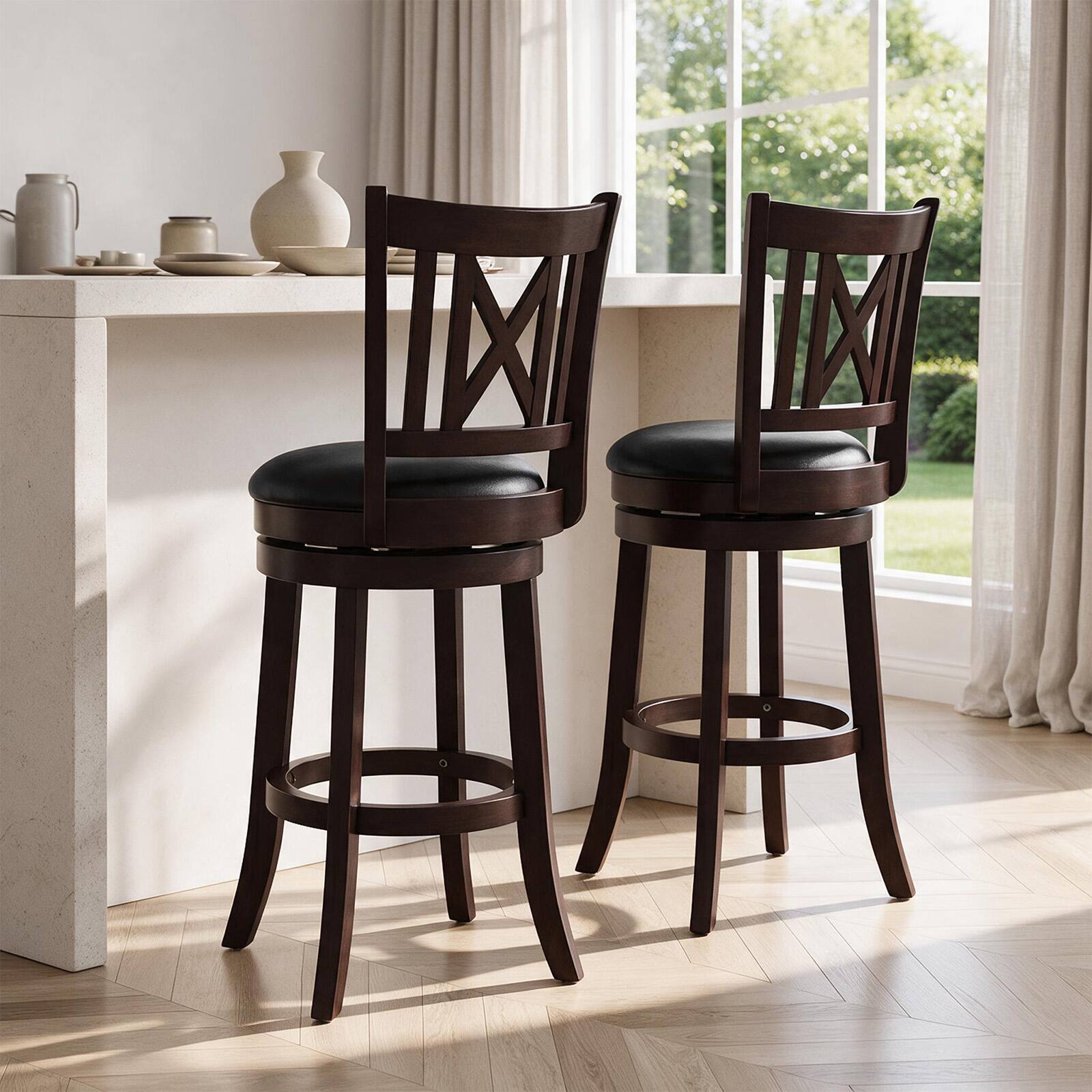 Alt View 3. Costway - Costway Set of 4 Bar Stools 26" Swivel Bar Chairs with Footrest, Hollowed Backrest - Brown 26".
