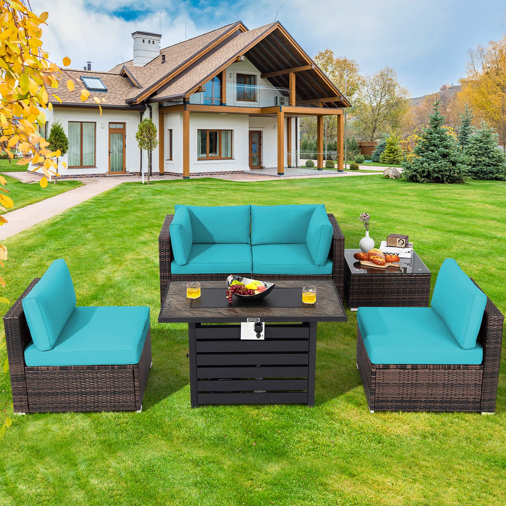 Costway - 6PCS Patio Rattan Furniture Set 42" Fire Pit Table Cover Sofa Cushion - Mix Brown/Turquoise