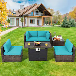 Costway - 6PCS Patio Rattan Furniture Set 42" Fire Pit Table Cover Sofa Cushion - Mix Brown/Turquoise