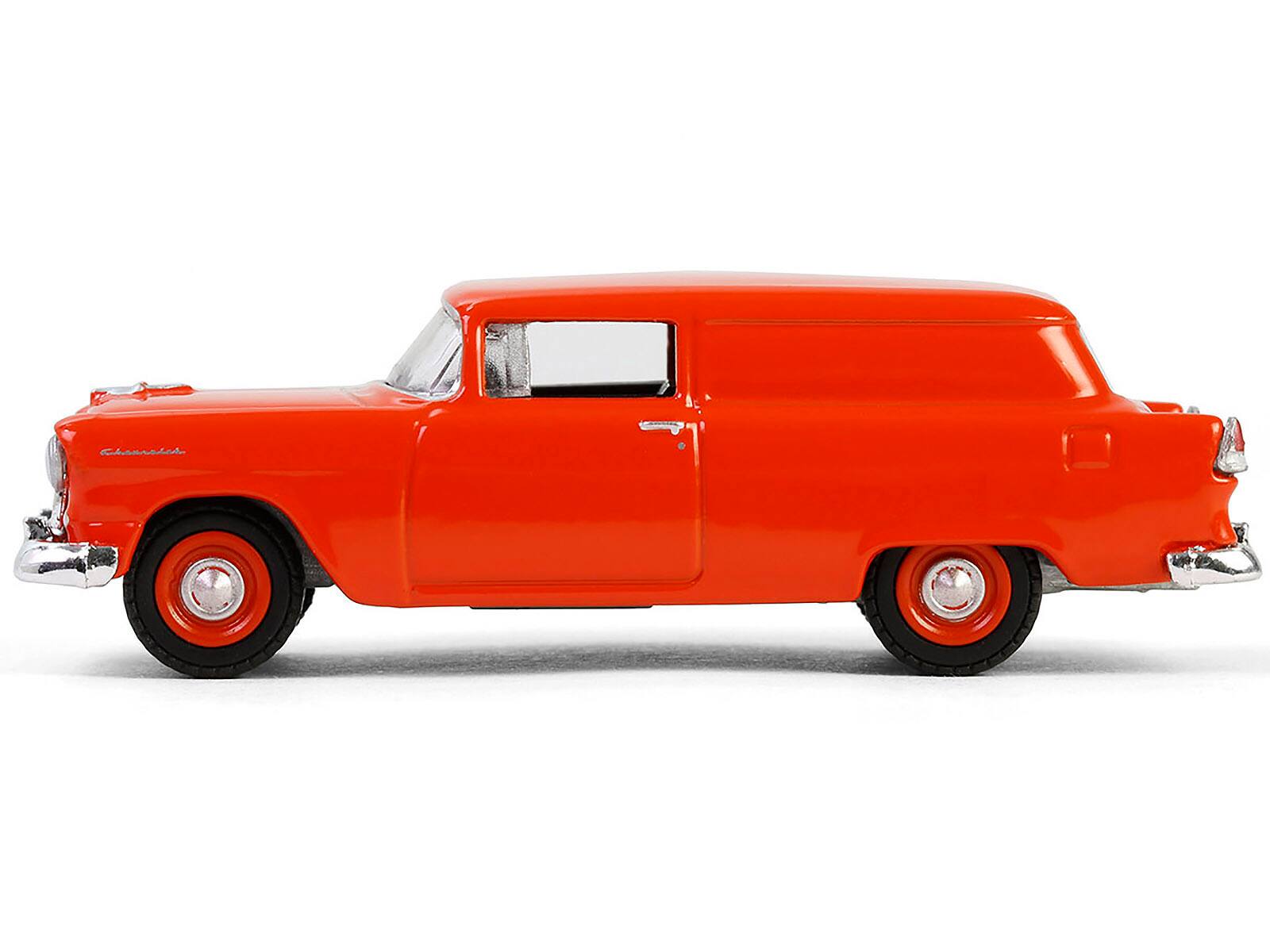 Angle. Greenlight - 1955 Chevrolet Sedan Delivery Orange Red "First in Appearance and Performance" "Vintage Ad Cars" Series 11 1/64 - Orange Red.