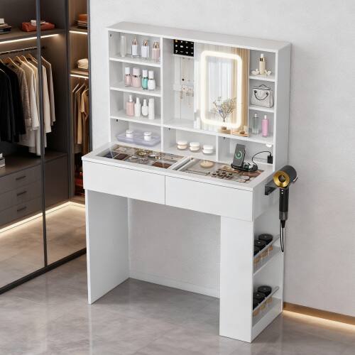 Alt View 5. Winado - Visualized Glass Tabletop Vanity Table with USB Charging Station, LED Lighted Mirror, Side-mounted Hidden Storage Shelve - White.