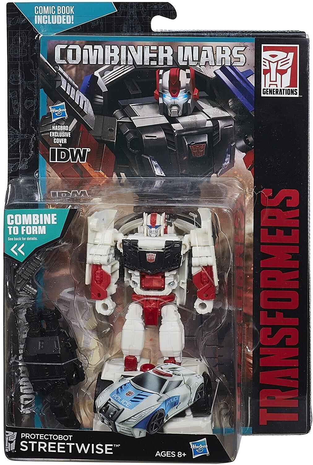 COMIC BOOK INCLUDED!  
COMBINER WARS  
GENERATIONS  
HASBRO EXCLUSIVE COVER  
IDW  

COMBINE TO FORM  
See back for details.  

TRANSFORMERS  
PROTECTOBOT STREETWISE  
AGES 8+