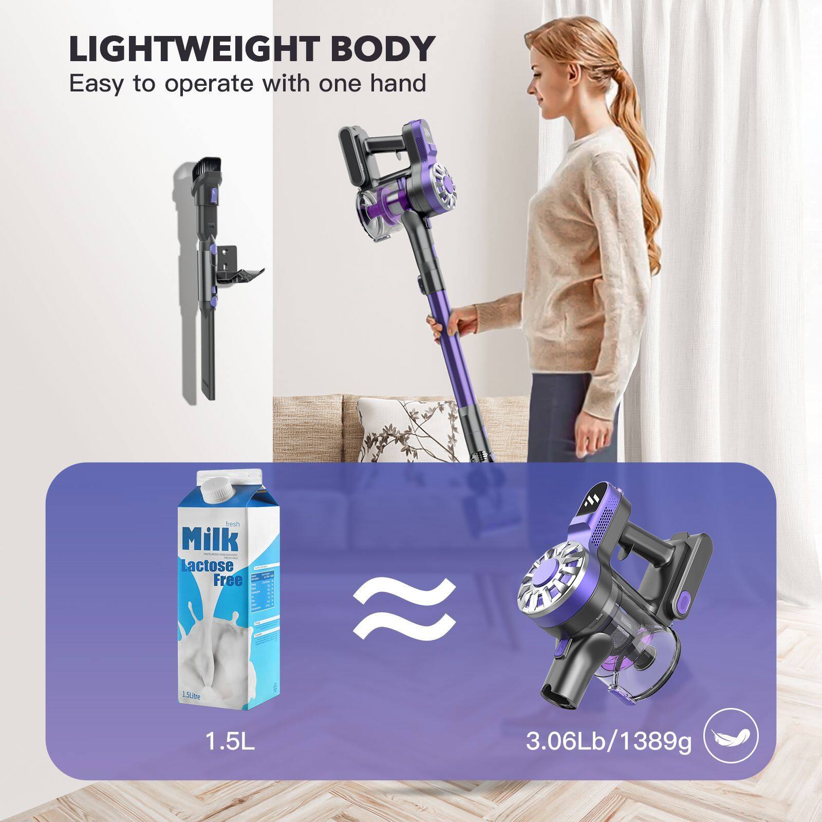 LIGHTWEIGHT BODY  
Easy to operate with one hand  

Milk Lactose Free  
1.5L  

3.06Lb/1389g