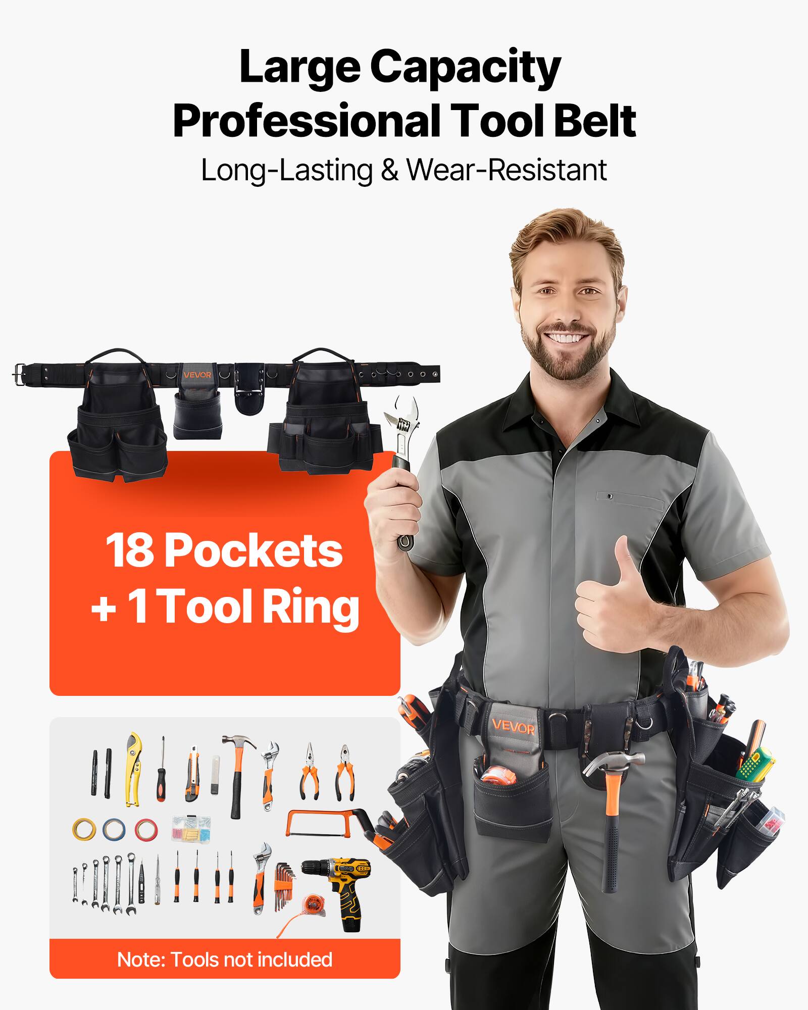 Large Capacity Professional Tool Belt  
Long-Lasting & Wear-Resistant  

18 Pockets + 1 Tool Ring  

Note: Tools not included