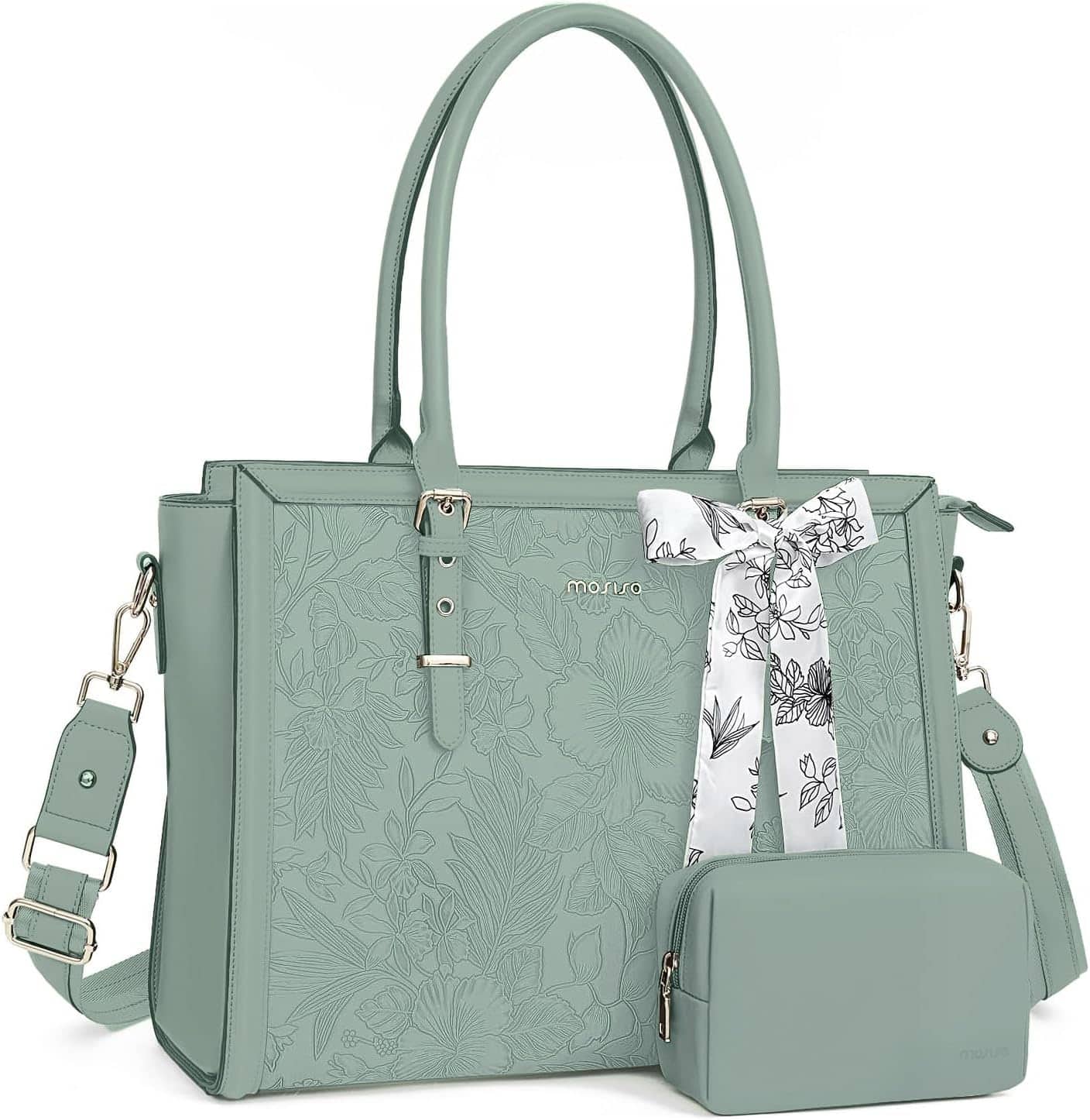 mosiso - Laptop Bag for Women 15-15.6 inch PU Leather Tote Bag Work Briefcase Computer Bags - Antique Green