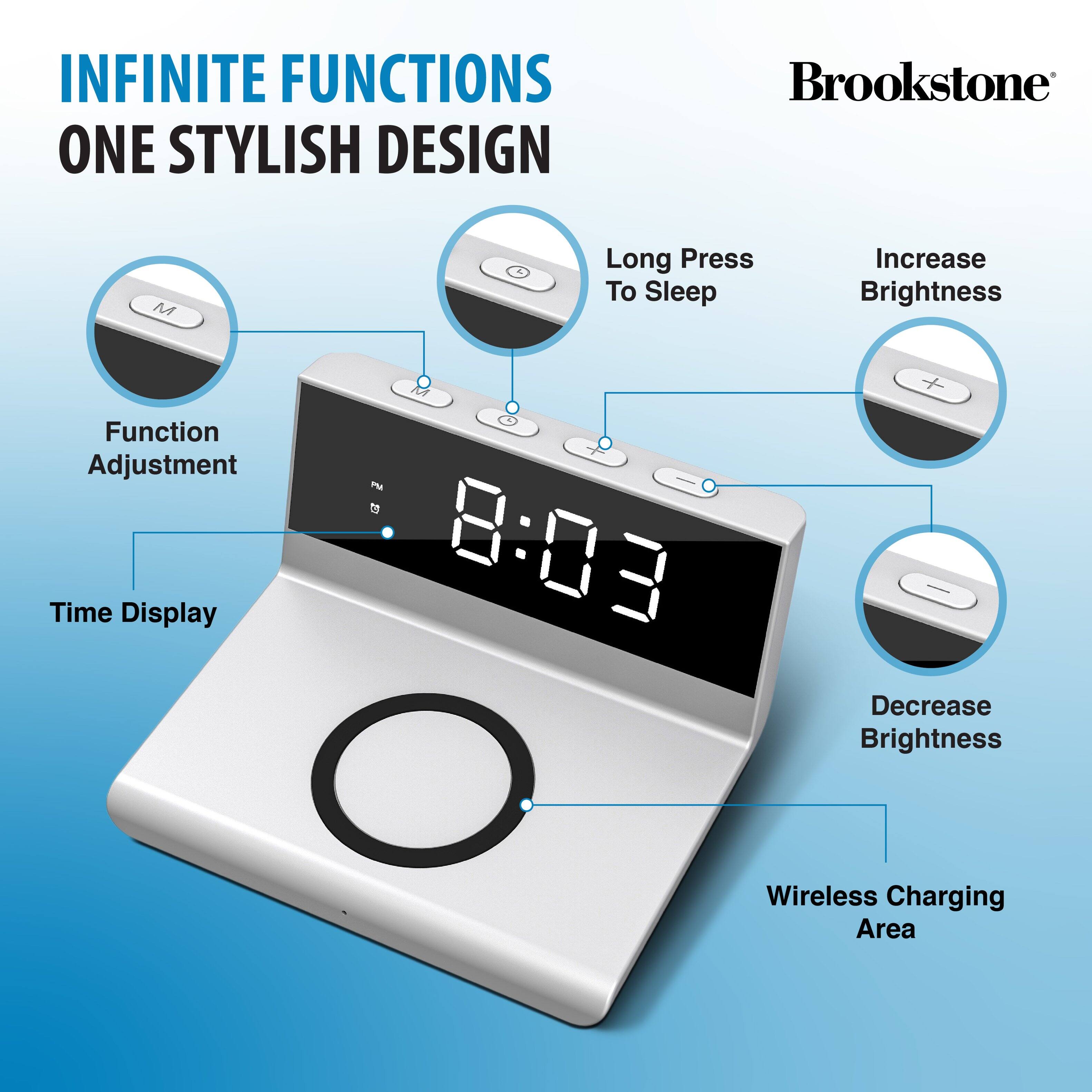 INFINITE FUNCTIONS ONE STYLISH DESIGN Brookstone M Long Press To Sleep Increase Brightness Function Adjustment Time Display PM 8:03 Decrease Brightness Wireless Charging Area
