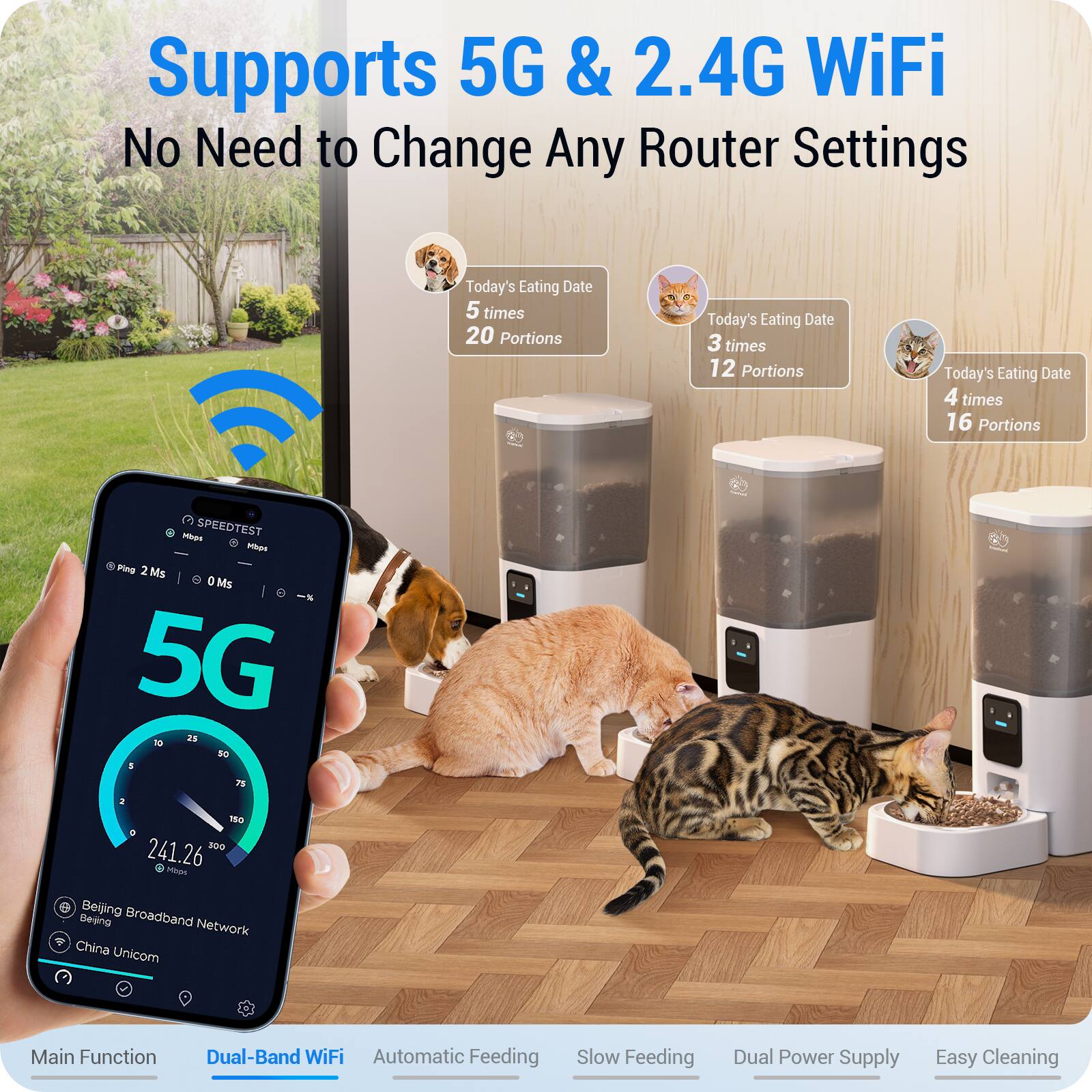 Supports 5G & 2.4G WiFi  
No Need to Change Any Router Settings

Today's Eating Date  
5 times 20 Portions  
3 times 12 Portions  
4 times 16 Portions

Mbps SPEEDTEST  
Ping 2Ms e 0Ms  
5G  
10 25 50 5 75  
241.26  
Beijing Broadband Network  
China Unicom

Main Function  
Dual-Band WiFi  
Automatic Feeding  
Slow Feeding  
Dual Power Supply  
Easy Cleaning