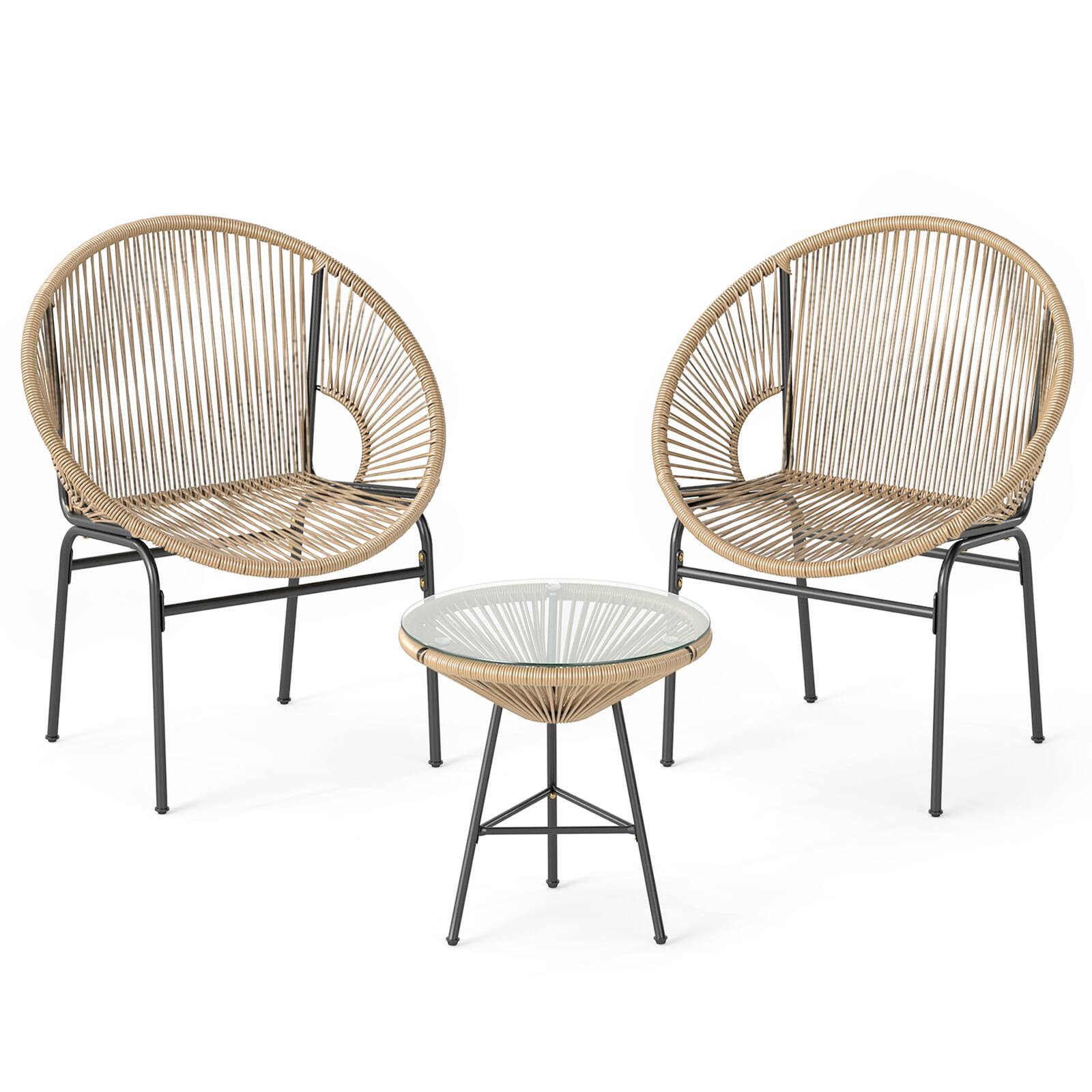 Alt View 9. Gymax - Gymax 3-Piece Wicker Patio Bistro SetOutdoor Acapulco Chairs and Tempered Glass Table - Brown.