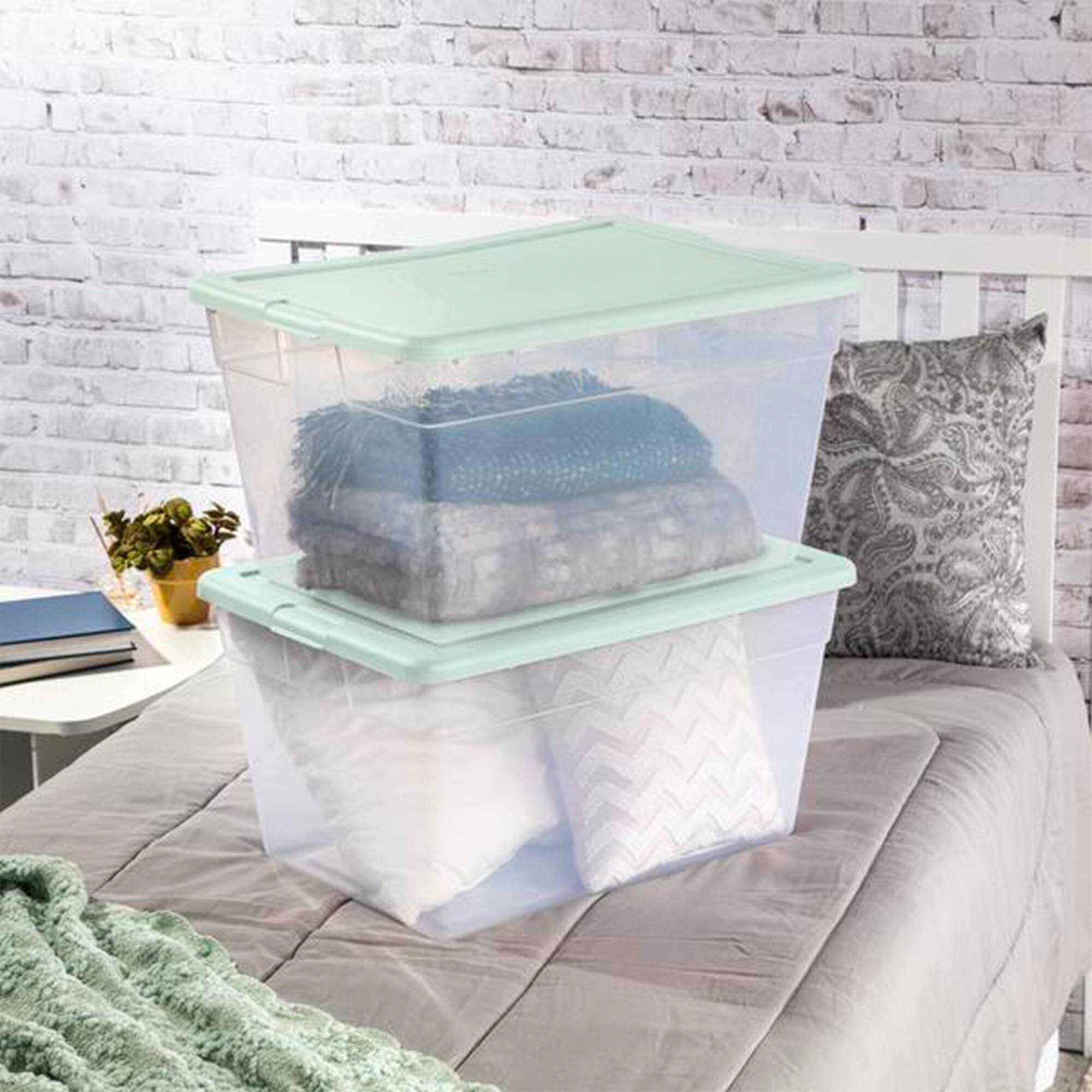 Alt View 3. Sterilite - Sterilite 8 Pk Stackable Storage Tote Container, 56 Qt, Clear, Mindful Mint Lid - Mindful Mint.