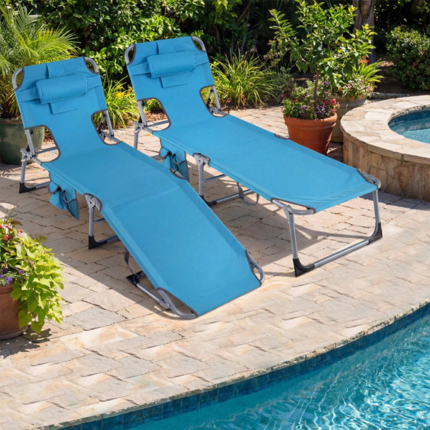 Alt View 3. Mondawe - Folding Tanning Chair w Face & Arm Holes Adjustable Backrest Removable Pillow Storage Pockets - Navy.