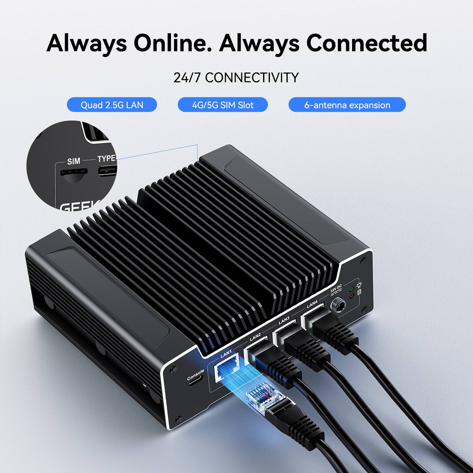 Always Online. Always Connected  
24/7 CONNECTIVITY  
Quad 2.5G LAN  
4G/5G SIM Slot  
6-antenna expansion