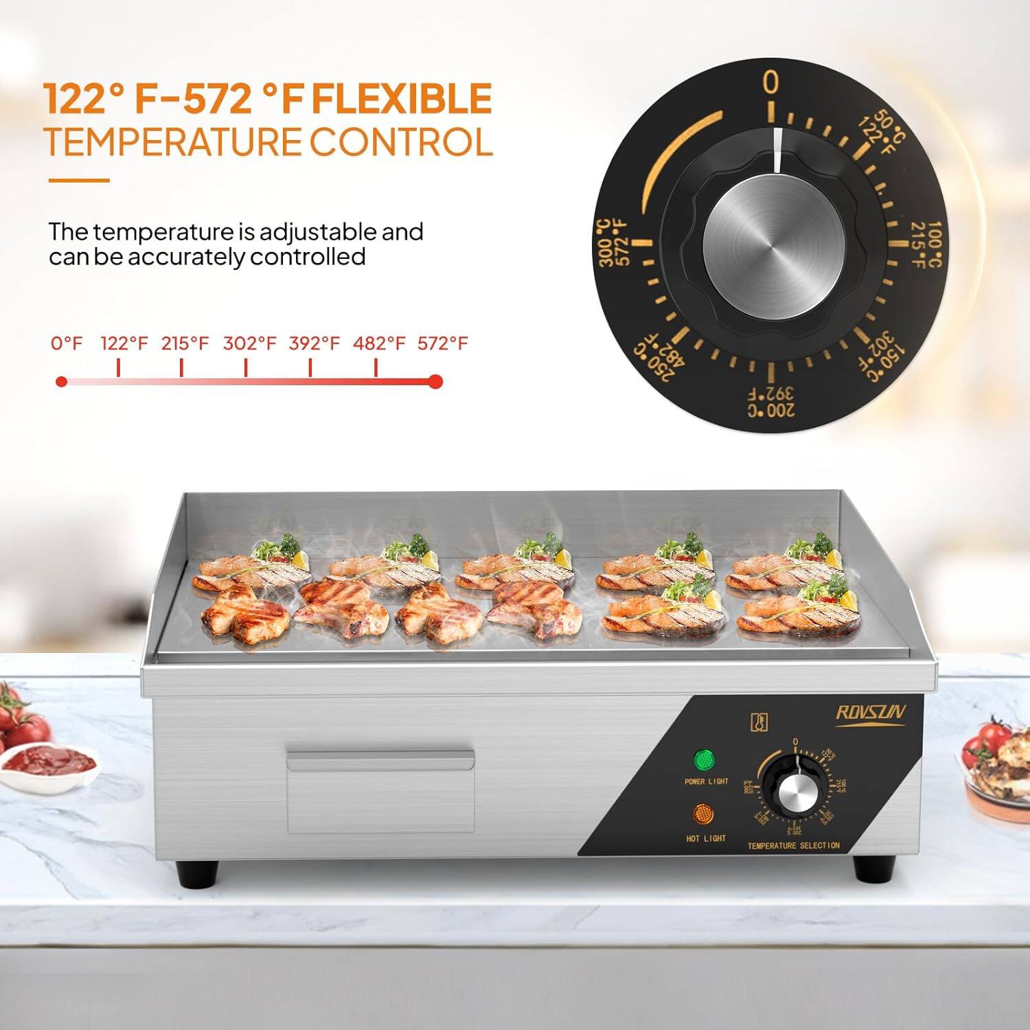 122° F-572° F FLEXIBLE TEMPERATURE CONTROL

The temperature is adjustable and can be accurately controlled

0°F 122°F 215°F 302°F 392°F 482°F 572°F

POWER LIGHT
HOT LIGHT
TEMPERATURE SELECTION

ROVSUN