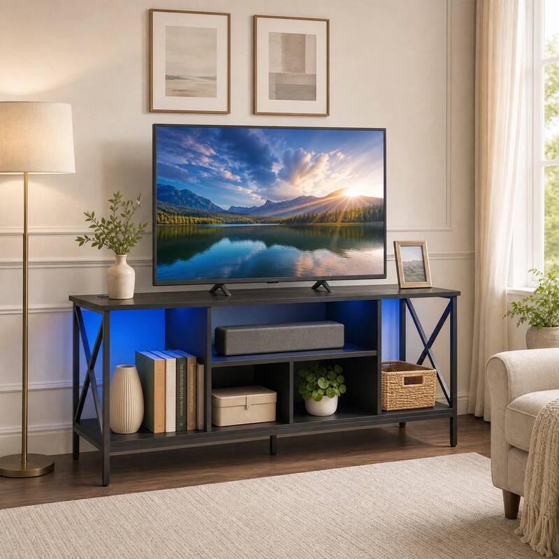 Front. WELLFOR - Industrial TV Stand for TVs up to 65" with Power Outlets& LED Light, Entertainment Center Media Console Table - Black.