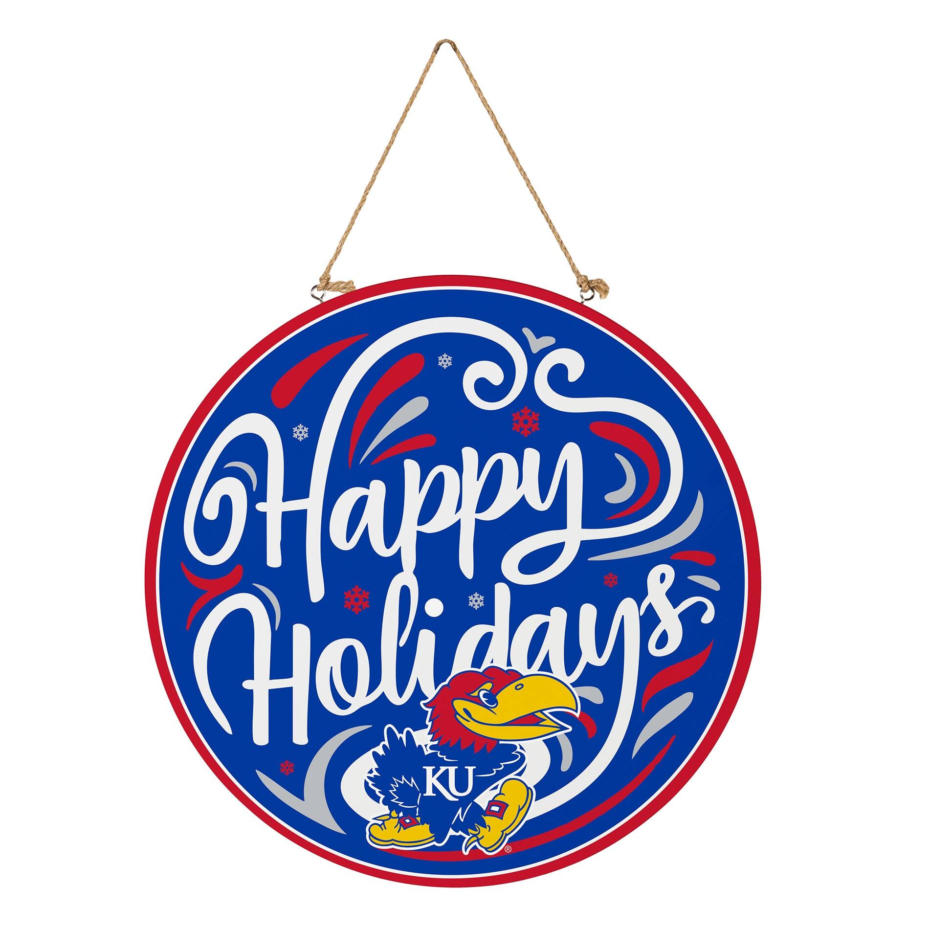 Alt View 2. Evergreen Enterprises - Kansas Jayhawks 18" Happy Holidays Wooden Round Door Sign - Multicolor.