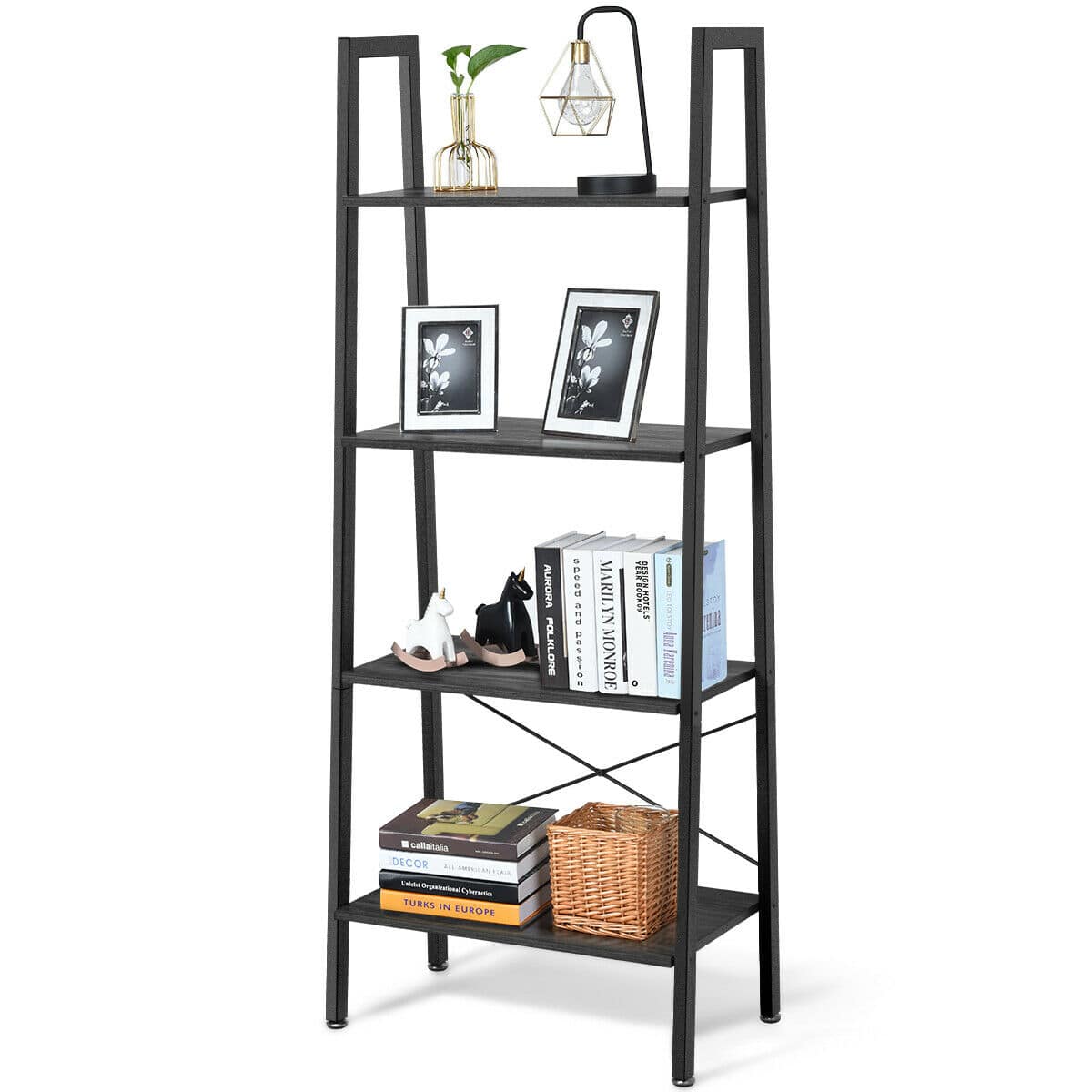 Gymax - 4-Tier Ladder Shelf Ladder Bookcase Bookshelf Display Rack Plant Stand - Dark Grey and Black