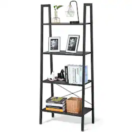 Gymax - 4-Tier Ladder Shelf Ladder Bookcase Bookshelf Display Rack Plant Stand - Dark Grey and Black