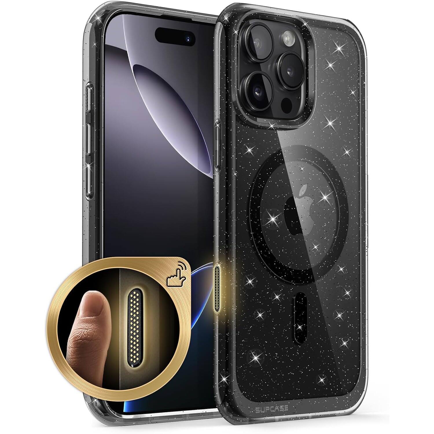 The image shows a phone case with a black, starry design. The brand name "SUPCASE" is visible on the case.