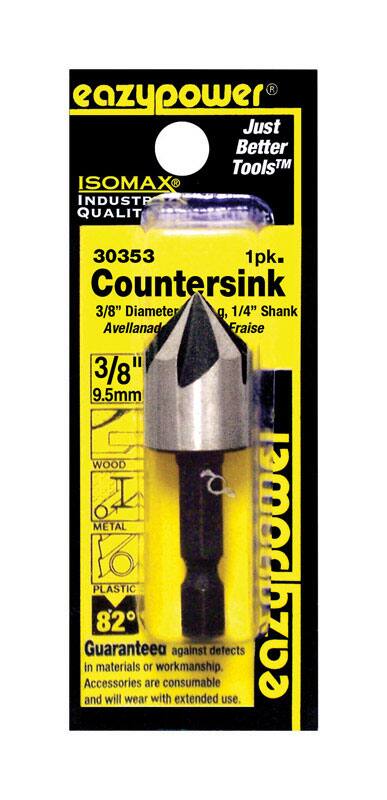 eazypower  
Just Better Tools™  
ISOMAX®  
INDUSTRIAL QUALITY  

30353  
1pk.  
Countersink  
3/8" Diameter  
1/4" Shank  
Avellanad Fraise  
3/8"  
9.5mm  

WOOD  
METAL  
PLASTIC  

82°  

Guarantee against defects in materials or workmanship.  
Accessories are consumable and will wear with extended use.