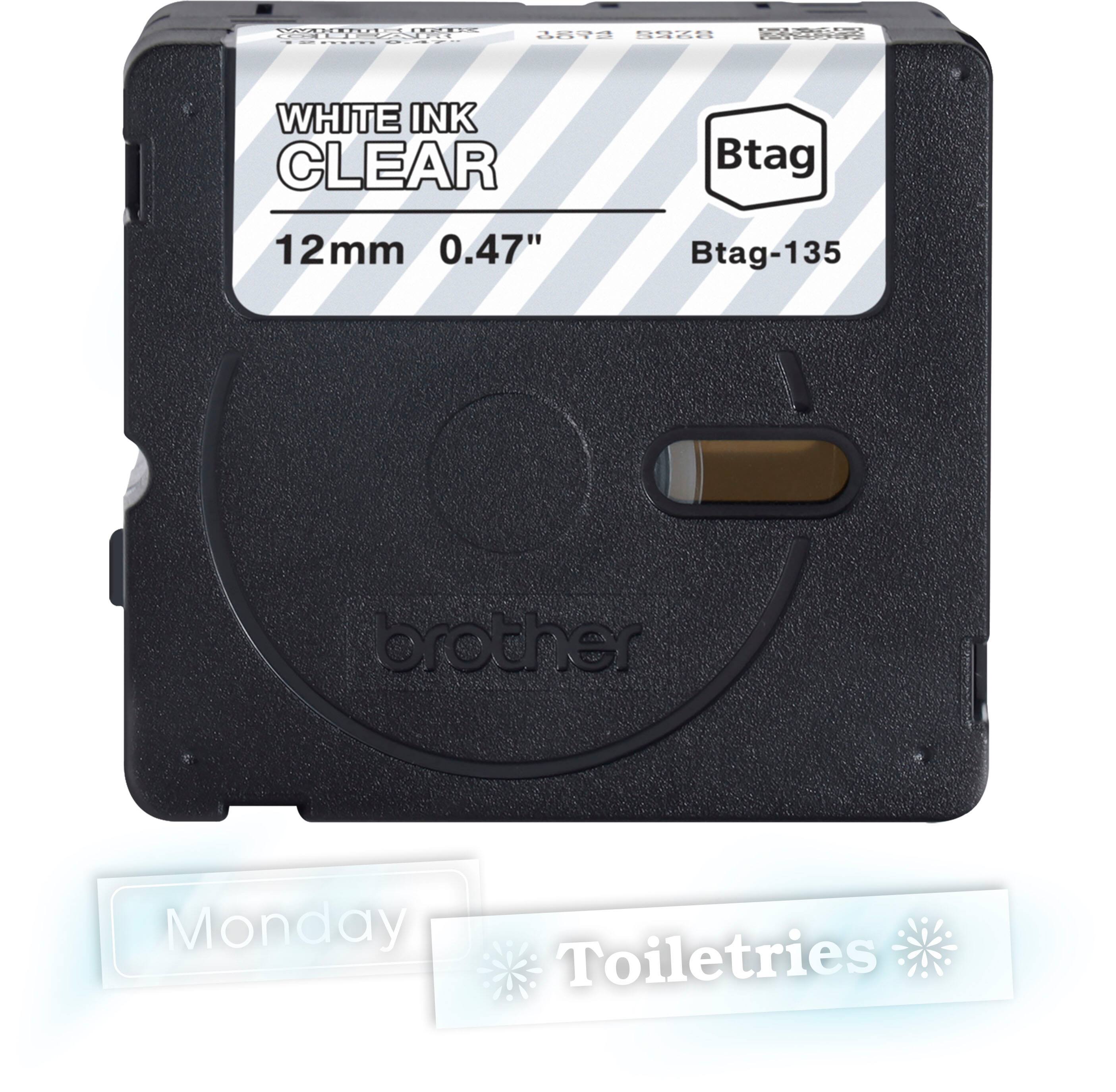 The text on the image reads: "White Ink Clear 12mm 0.47" Btag-135 brother Monday Toiletries."