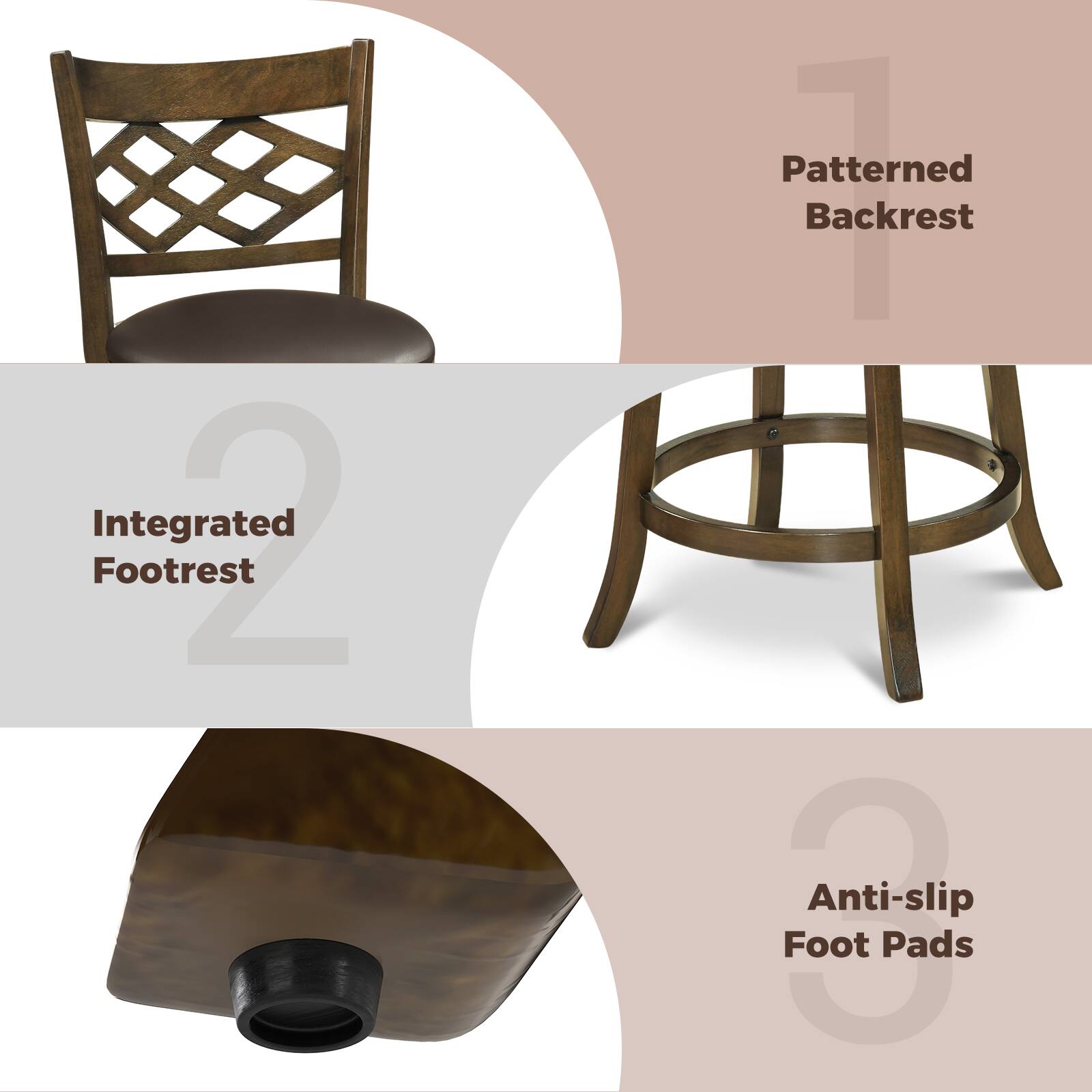 1. Patterned Backrest  
2. Integrated Footrest  
3. Anti-slip Foot Pads