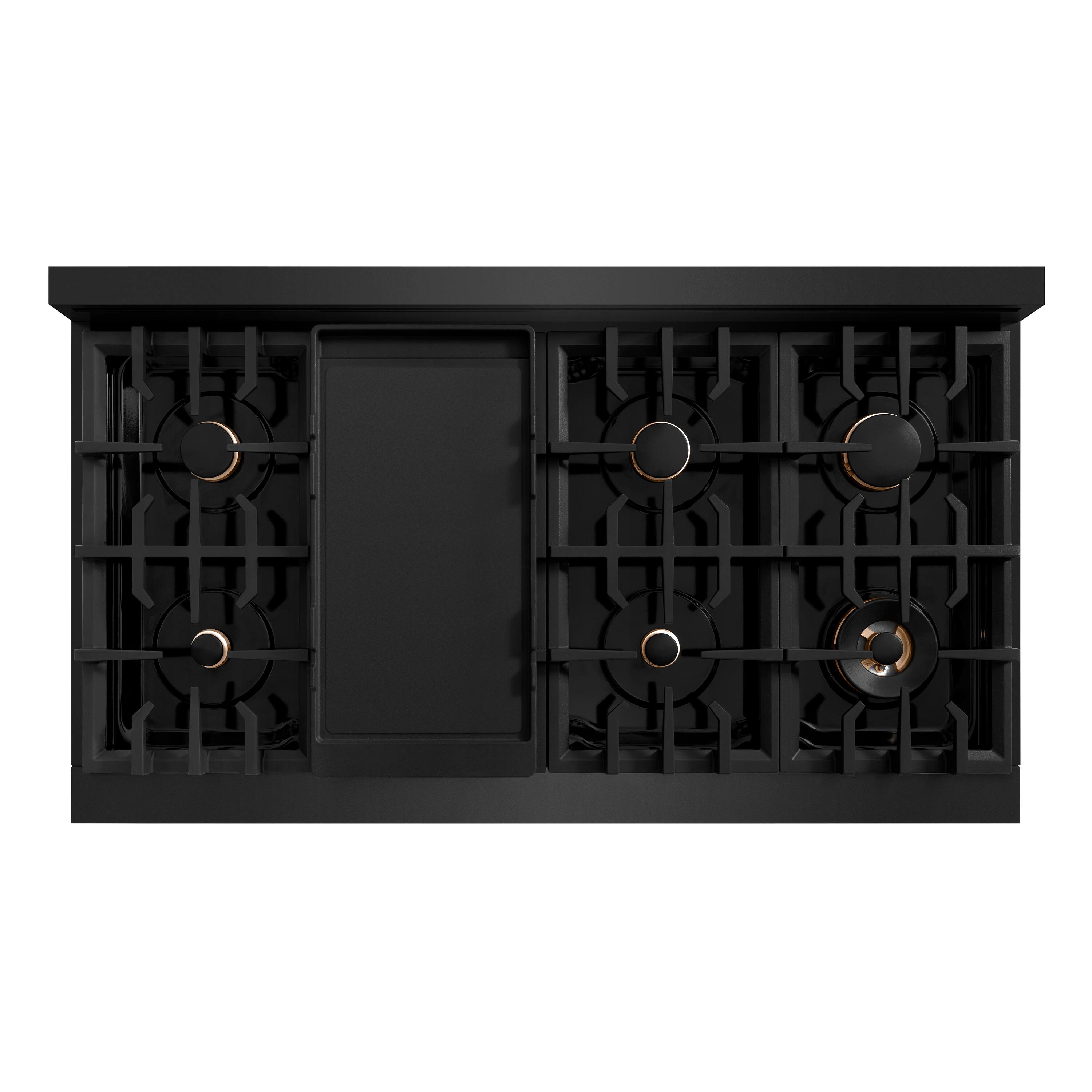 Angle. ZLINE - ZLINE Autograph 48 in. Slide-In Classic Rangetop w/ 8 Burners in Black Stainless Steel & Gold Accents - Black Stainless Steel.