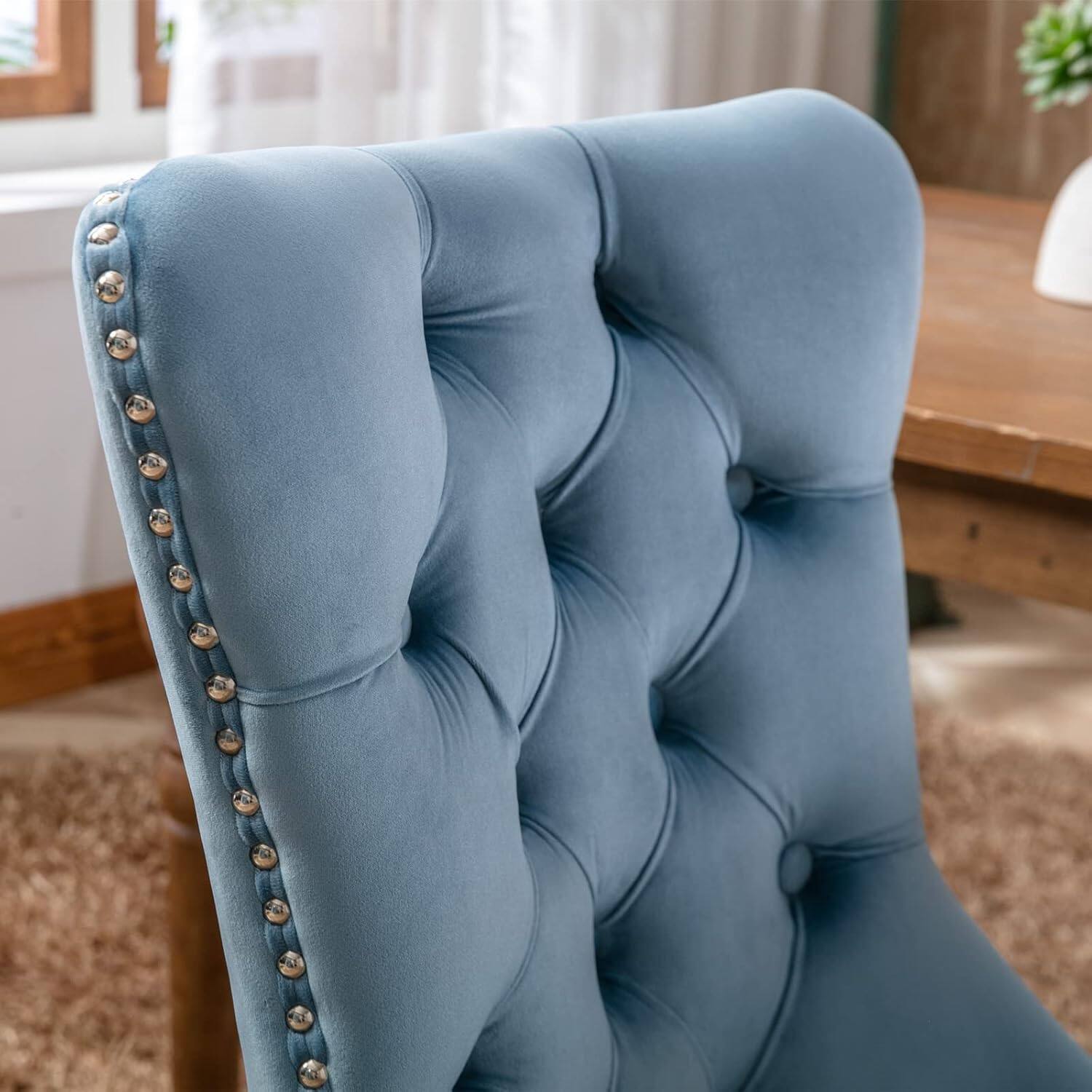 Alt View 3. Trinkets Crazed - Velvet Dining Chairs Set of 2, Upholstered High-end Tufted Dining Room Chair with Wood Legs Nailhead Trim for Kitchen - light blue.