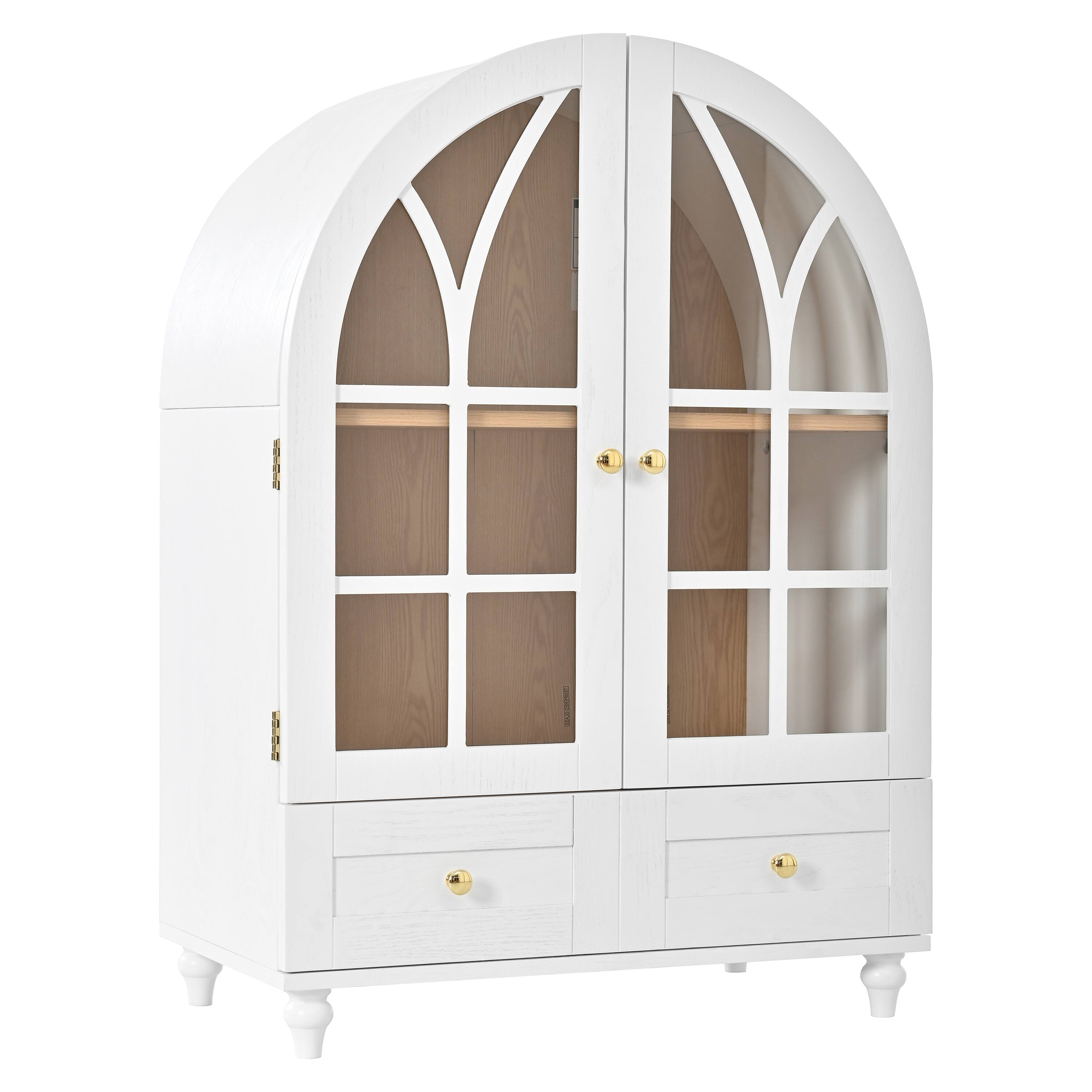 Alt View 4. Loheer - Loheer Arched Display Cabinet with Glass Doors, Wood Storage Accent Cabinet with Drawers for Living Room - Natural Wood Grain.
