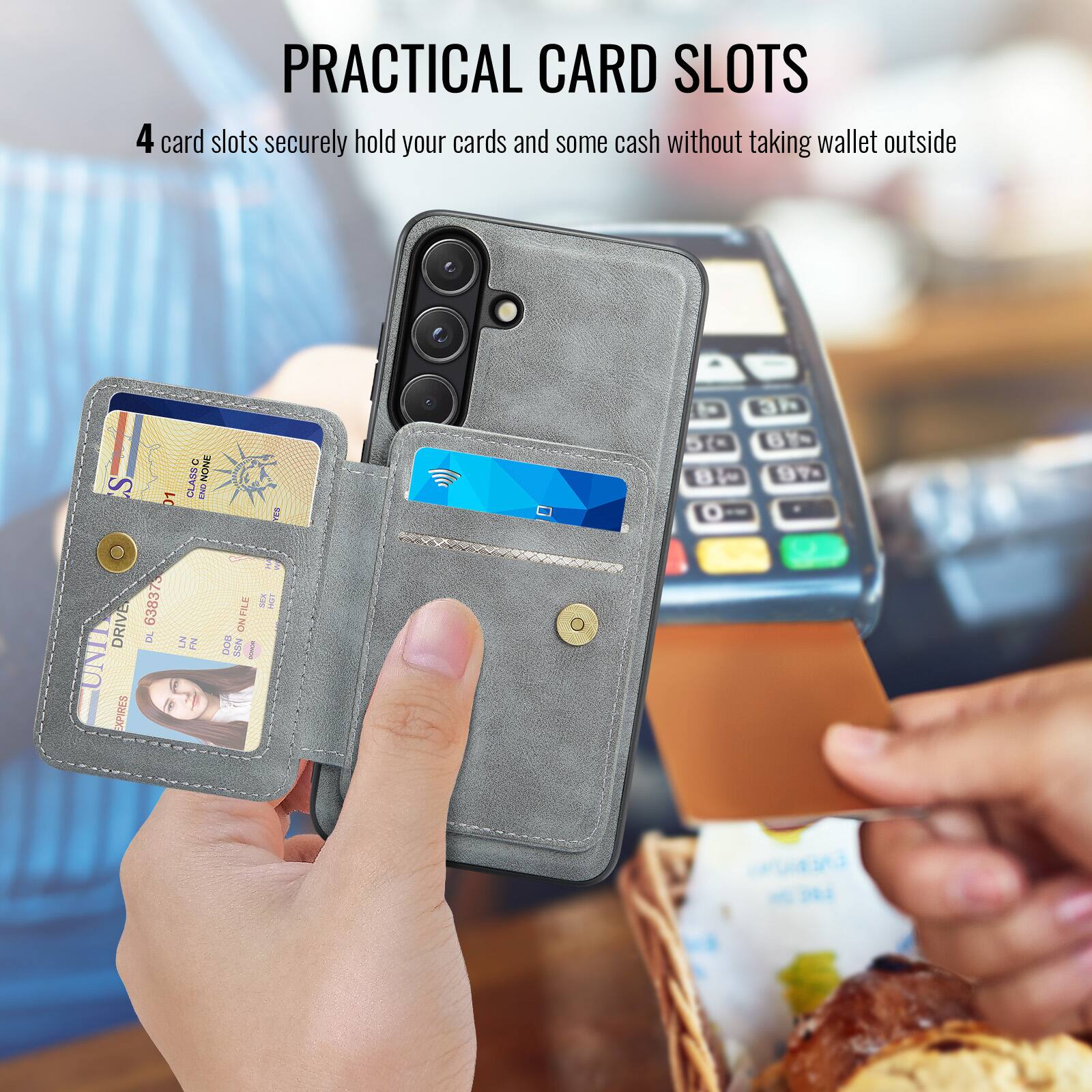 PRACTICAL CARD SLOTS

4 card slots securely hold your cards and some cash without taking wallet outside

S CLASS NONE 01 END El to To B L O 3 P 6 8Y 9 3Y- DRIVE 638373 8 UN EXPIRES LN  FILE NO DOe S5P A i i