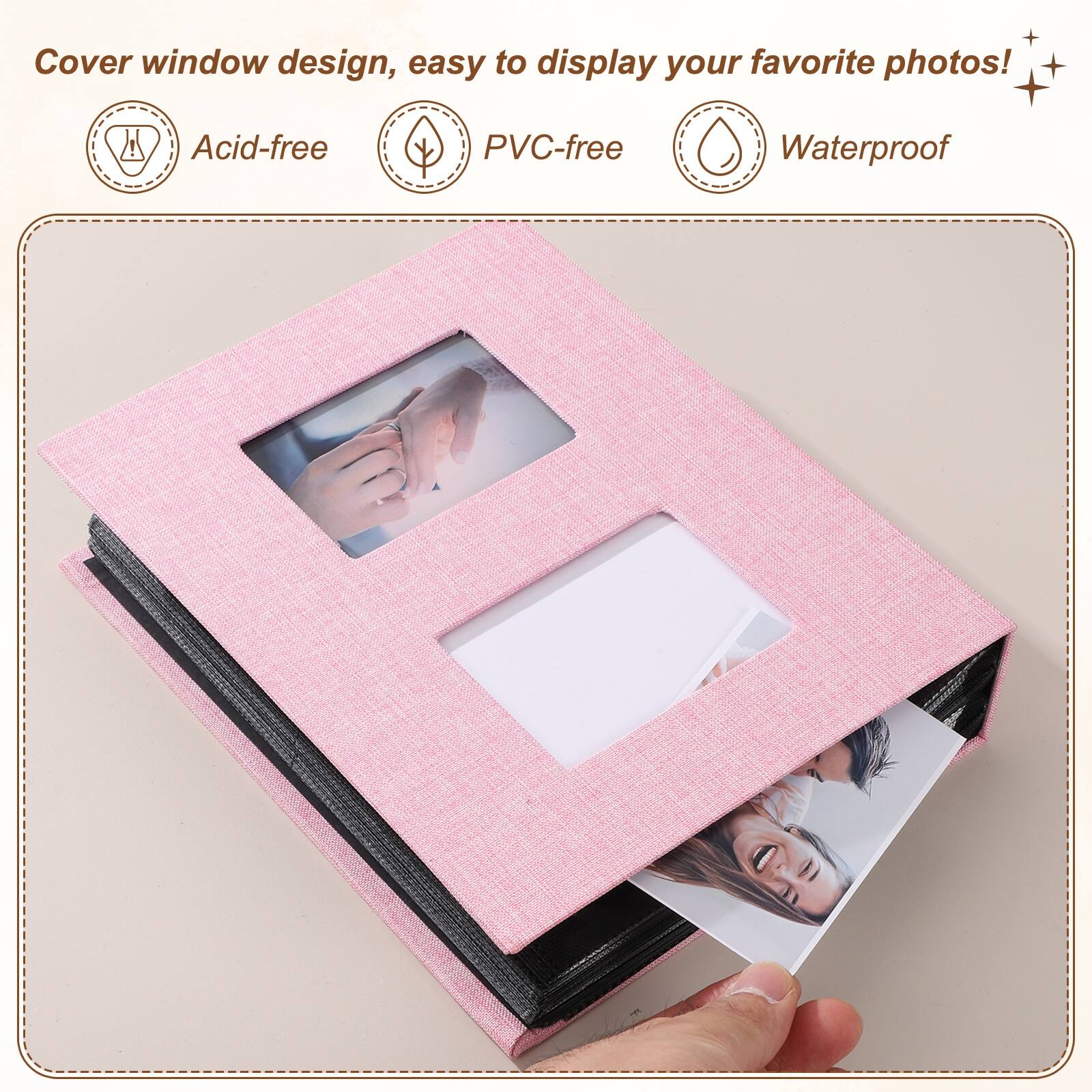 Cover window design, easy to display your favorite photos!  
Acid-free  
PVC-free  
Waterproof