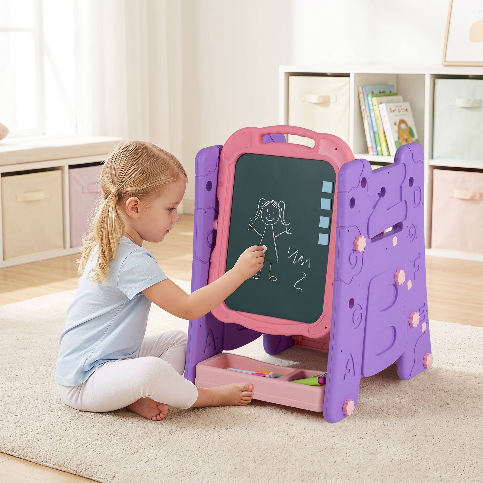 Alt View 1. Costway - Costway 3 in 1 Art Easel for Kids with Book Rack, Height Adjustable Standing Easel, Age 3+ - Pink & Purple.