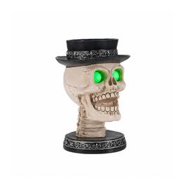 Anysun - Skull Candle Holder with Glowing Green Eyes – Gothic Skeleton Statue with Black Top Hat, Spooky Halloween Tabletop Decor - Black White