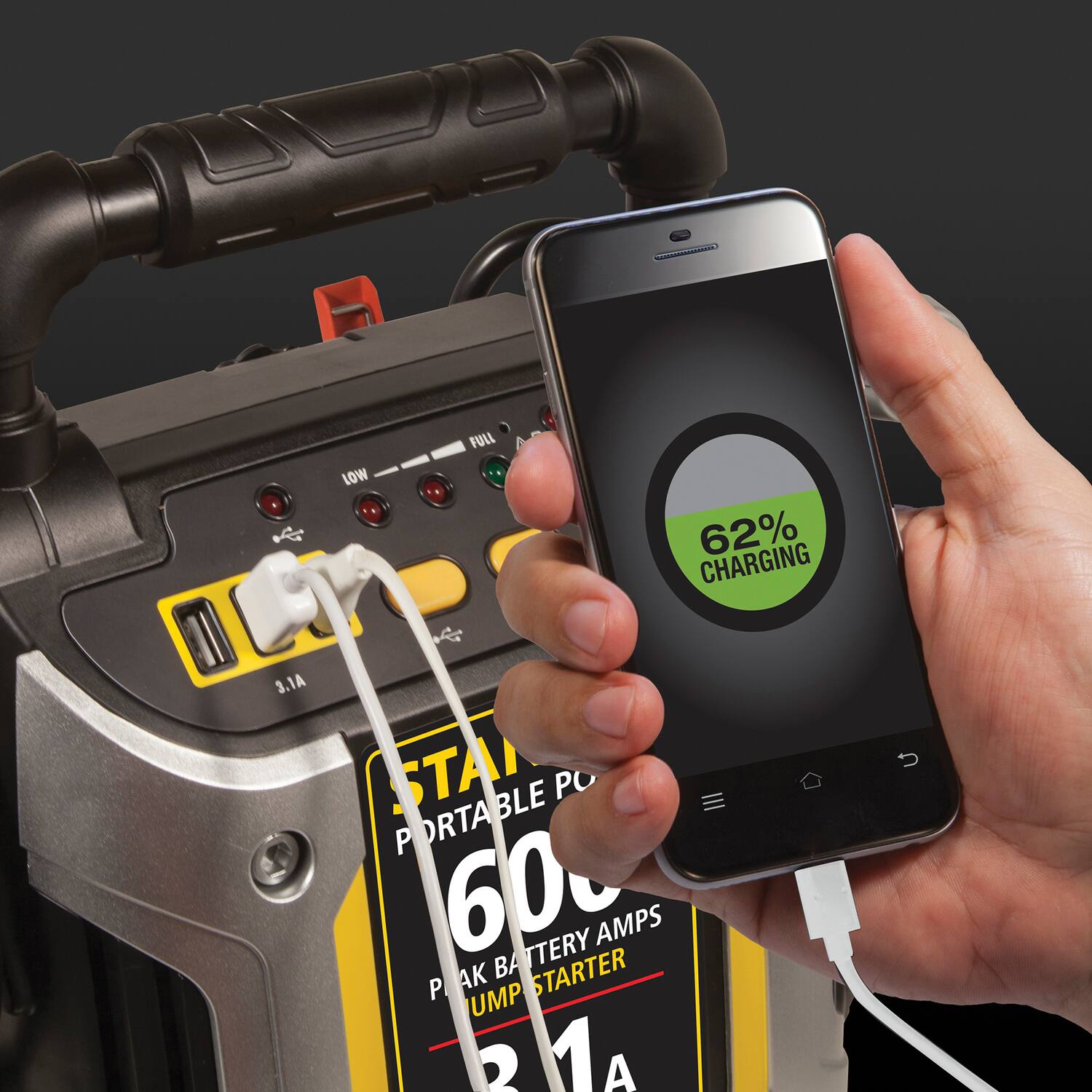 LOW FULL  
62% CHARGING  
3.1A  
PORTABLE POWER  
600 TERY AMPS  
PACK BATTERY STARTER  
PUMP  
31A